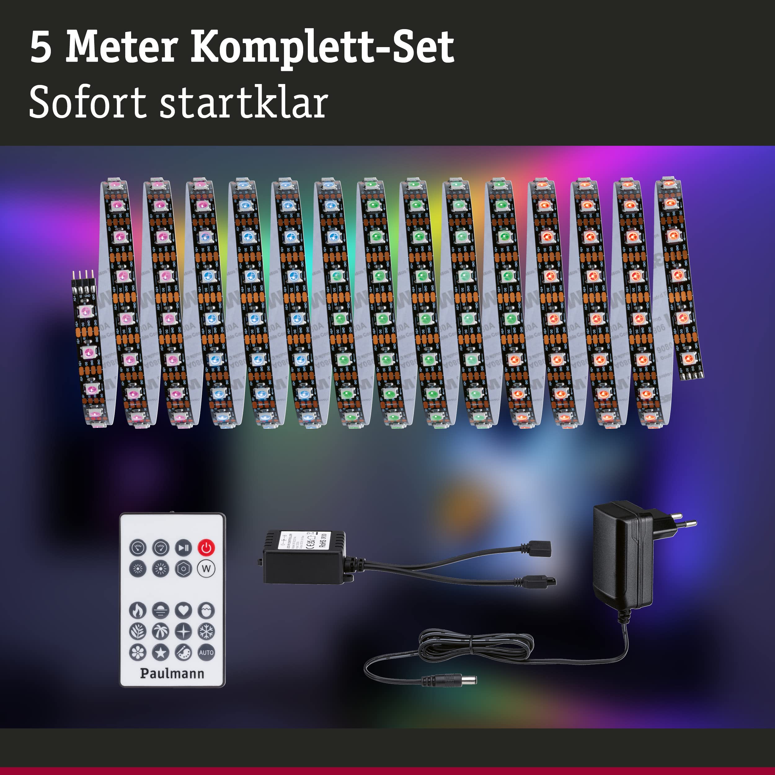 Paulmann 78888 Strip LED Dynamic Set 5m Dynamic Rainbow RGB IP20 12V CC incl. 1x10,5W, regulable, tira de luces, blanco, plástico