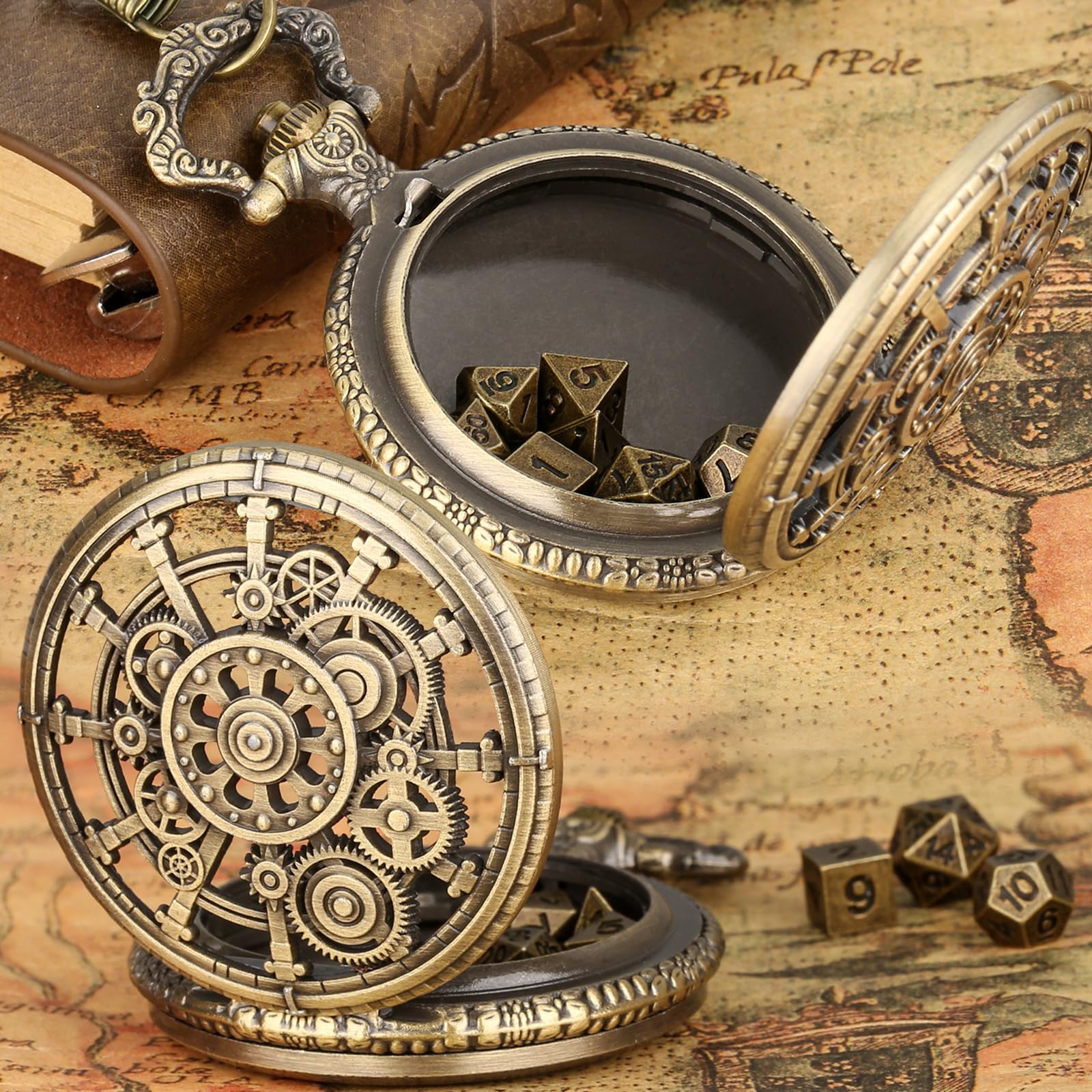 Shibby 60014773 - 7 Polyedrische Metalen Dobbelstenen Voor Rol- En Tabletspel In Steampunk Koperen Brons Look Incl Opbergdoos