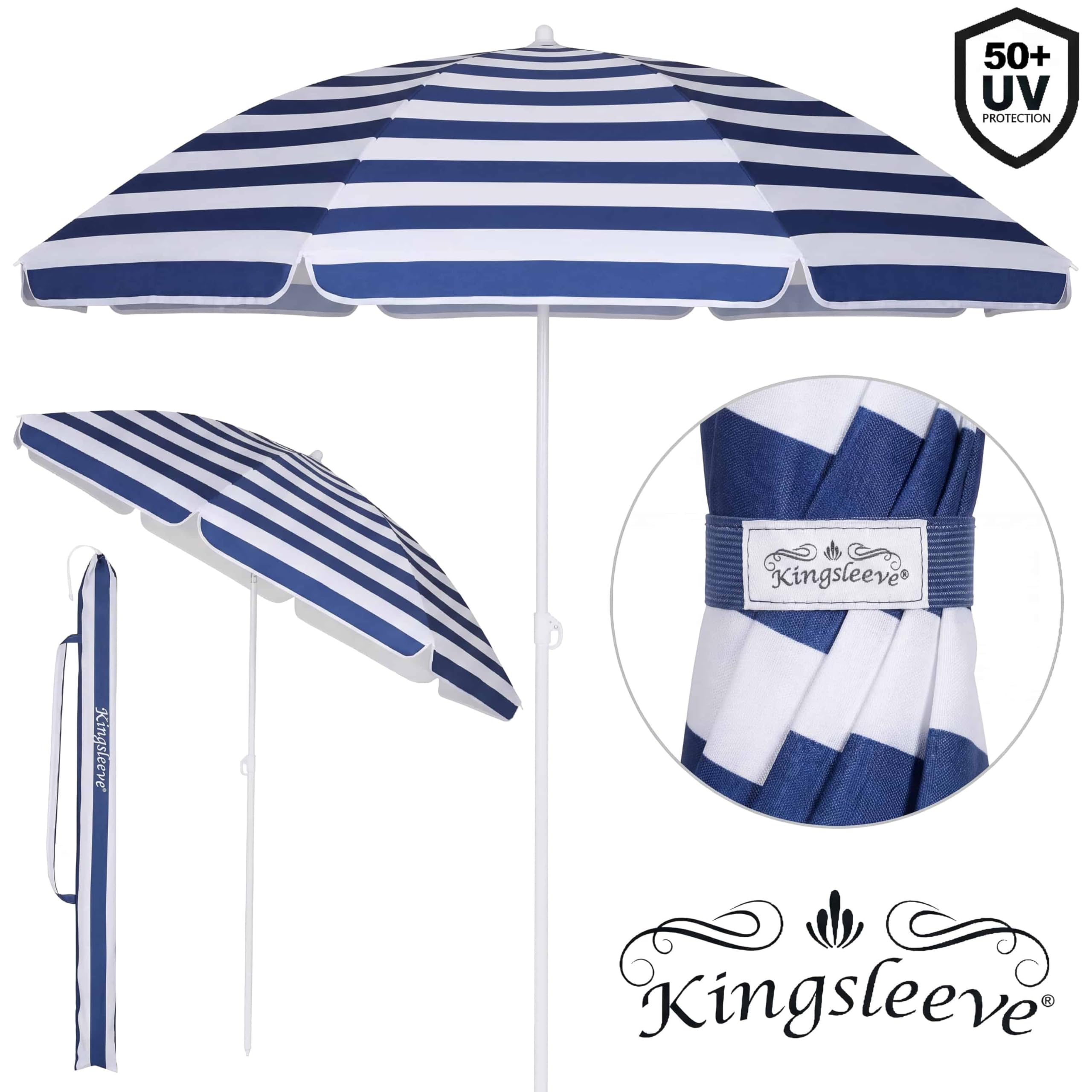Kingsleeve® Sonnenschirm 200cm UV 50+ Tragetasche Erdspieß groß wasserabweisend neigbar höhenverstellbar Balkon Strand Rund Garten Blau Weiß gestreift