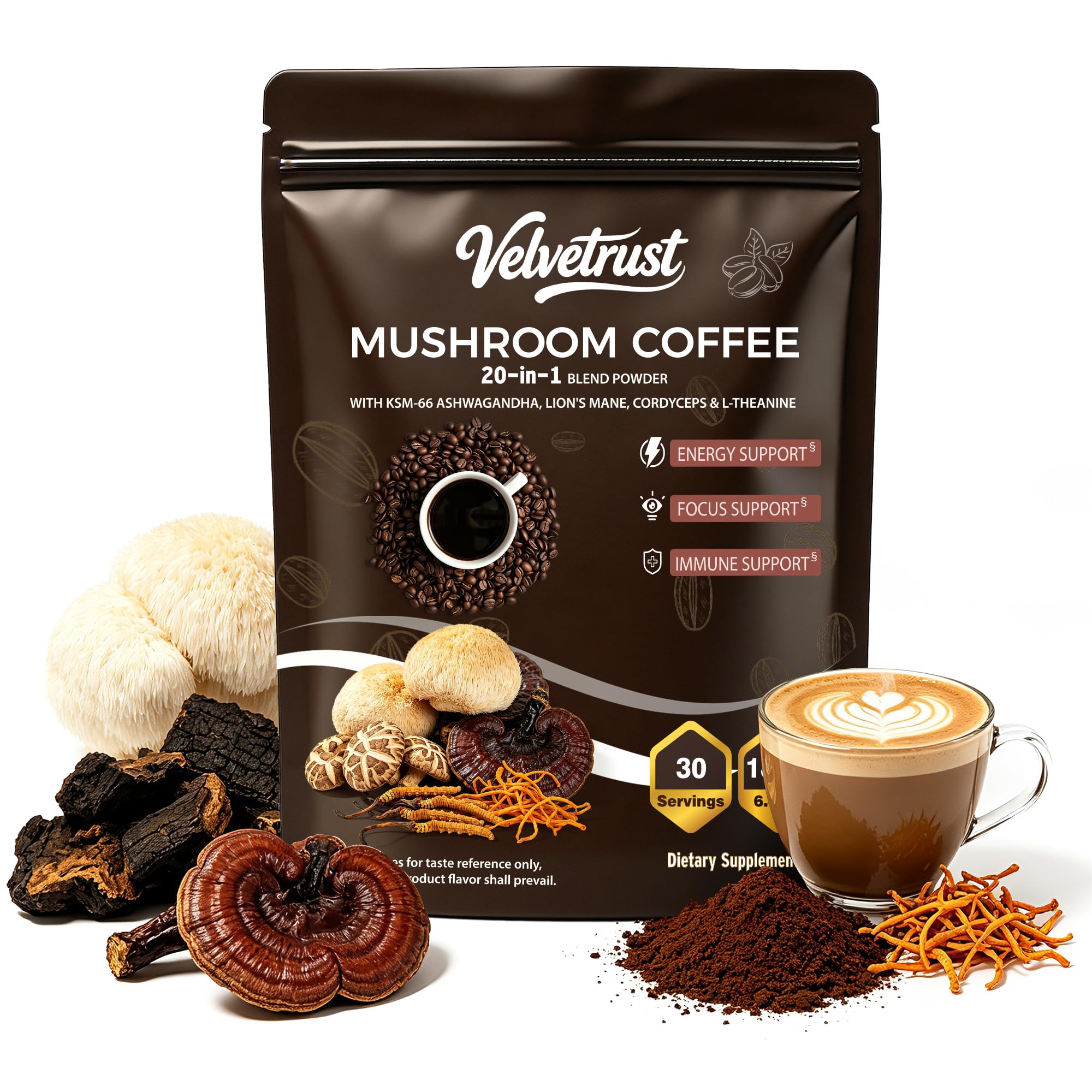 Velvetrust Mushroom Coffee, 16 Mushrooms (Lion’s Mane, Cordyceps, Turkey Tail & More) Mixed With Medium Roast Gourmet Arabica Instant Coffee for Focus, Energy, Digestion & Immune Support, 30 Servings
