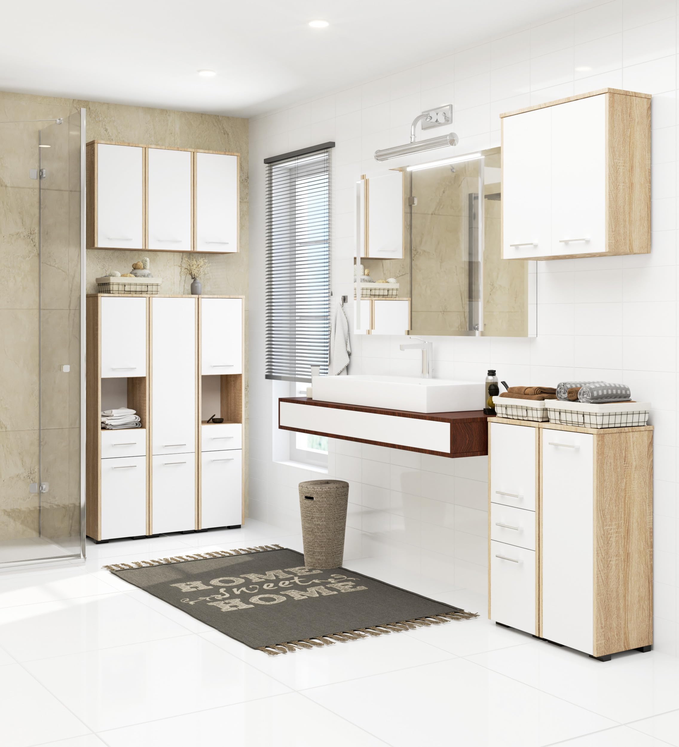 AKORD Mobiletto Bagno Sospeso FIN 64 cm - 2 Ante Basculanti 4 Ripiani - Pensile Salvaspazio da Parete - Laminato Opaco - Mobile Modulare - 64x94x30 cm - per Spazi Ristretti - Rovere Sonoma & Bianco