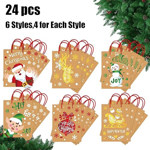 Miniatura 2 de CCINEE 24 bolsas de regalo de papel kraft de Navidad, bolsas grandes de regalo de Navidad con papel de aluminio dorado metálico con asas para