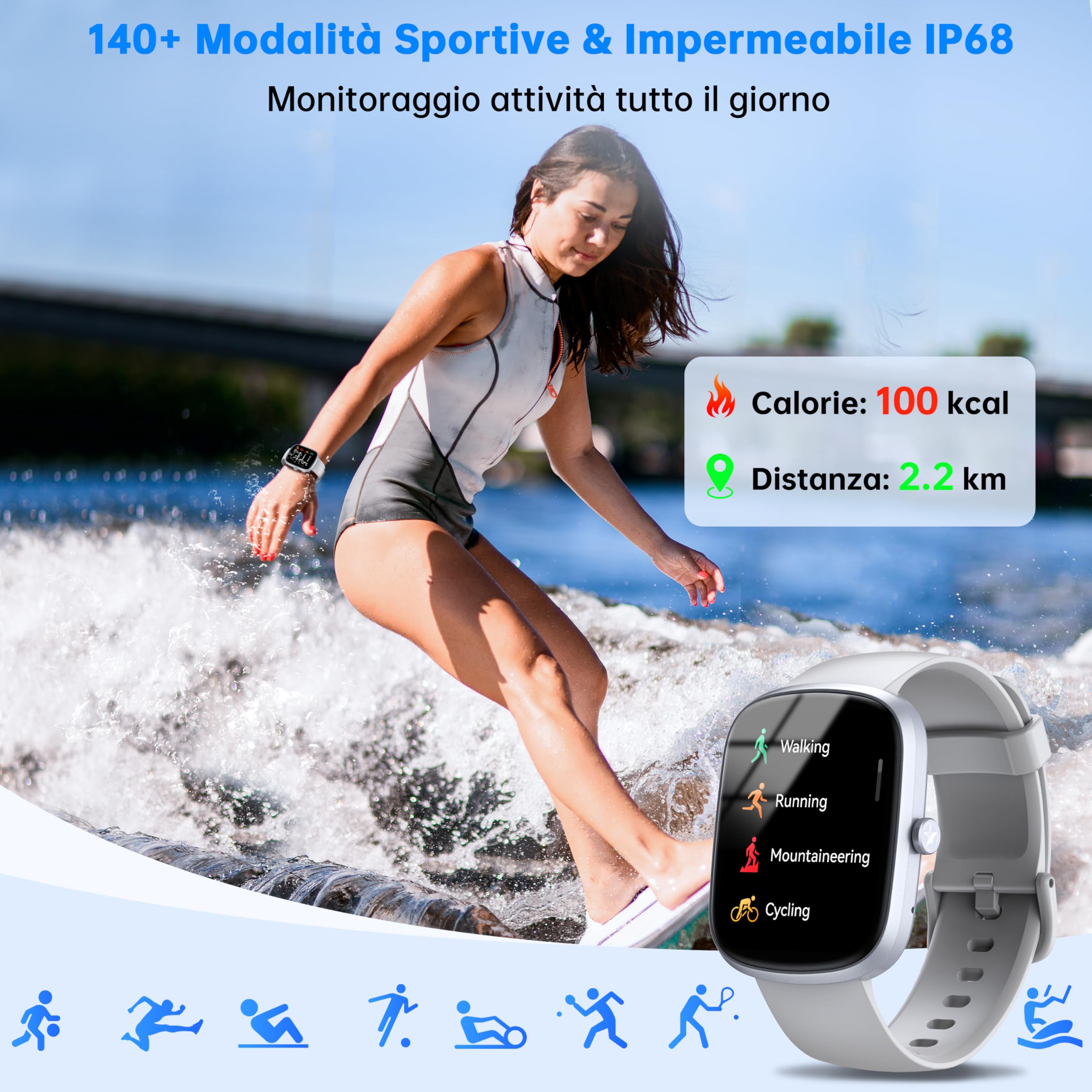 OUKITEL Smartwatch Uomo Donna, 1.91" HD Orologio Smartwatch Donna con Effettua/Risposta Chiamate, 140+ Sportive Smart Watch con Contapassi/Sonno/Cardiofrequenzimetro, IP68 Impermeabile per iOS/Android