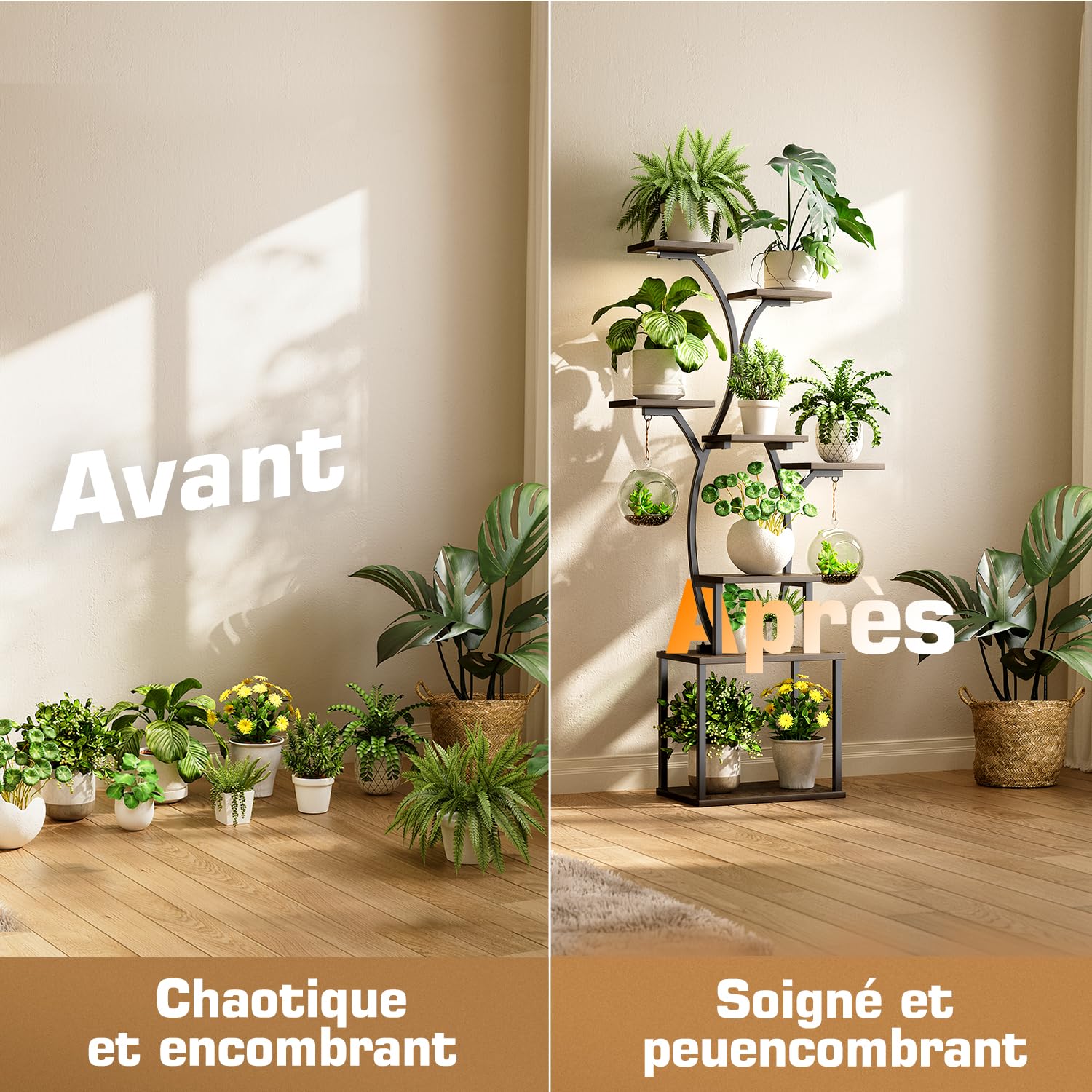 Support Plantes 150cm – 8 étagères, LED croissance, métal noir | Support plantes 150cm | 8 étagères | LED croissance + minuterie | Métal noir + bois | Int & ext | Salon, balcon
