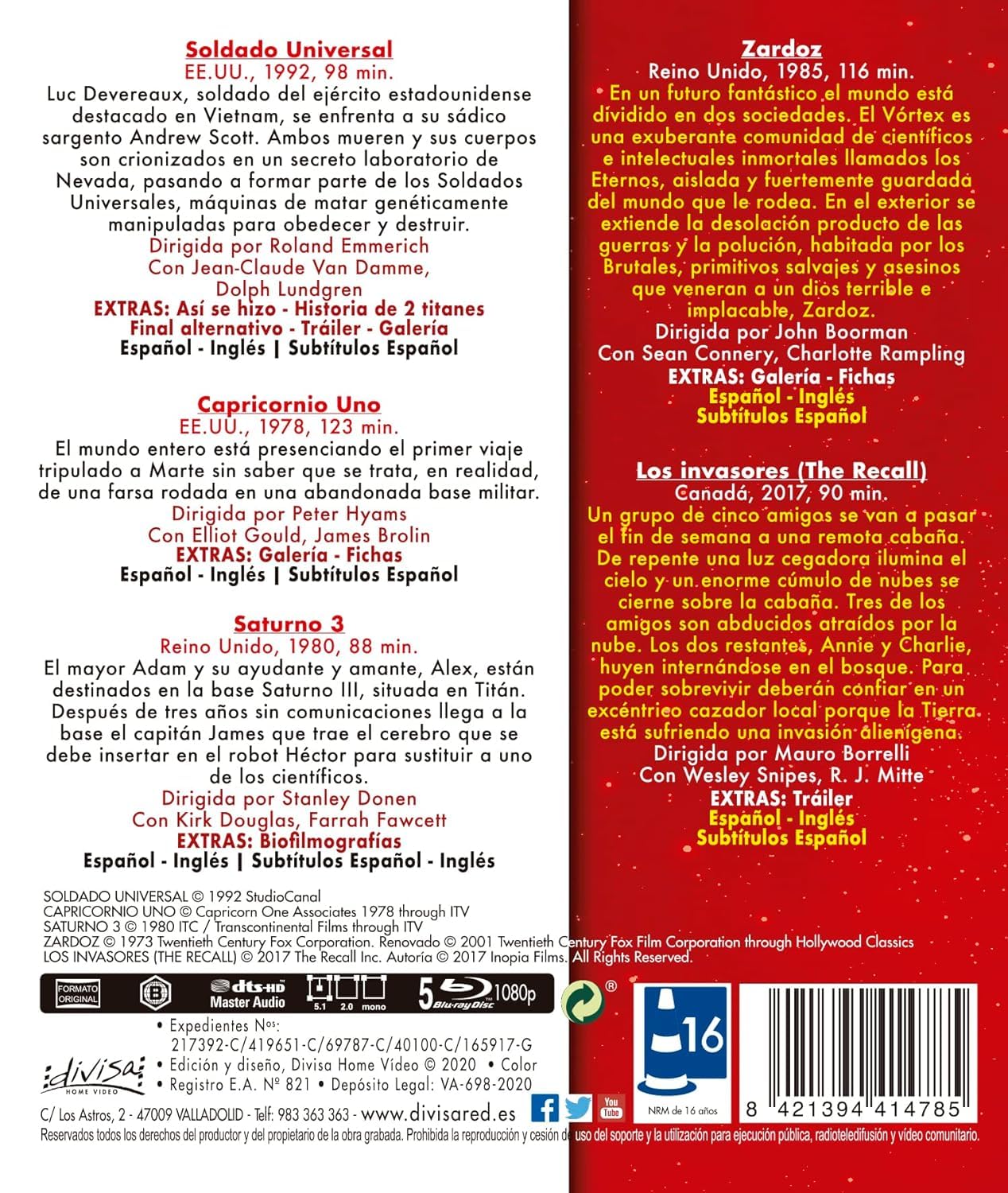 Universal Soldier + Capricorn One + Saturn 3 + Zardoz + The Recall Blu Ray Box Set 5 Science fiction Films English Audio