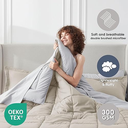 Miniatura 3 de Nestl Juego de edredón Queen de 7 piezas, cama reversible beige en una bolsa, juego completo de ropa de cama tamaño Queen con sábanas, fundas de