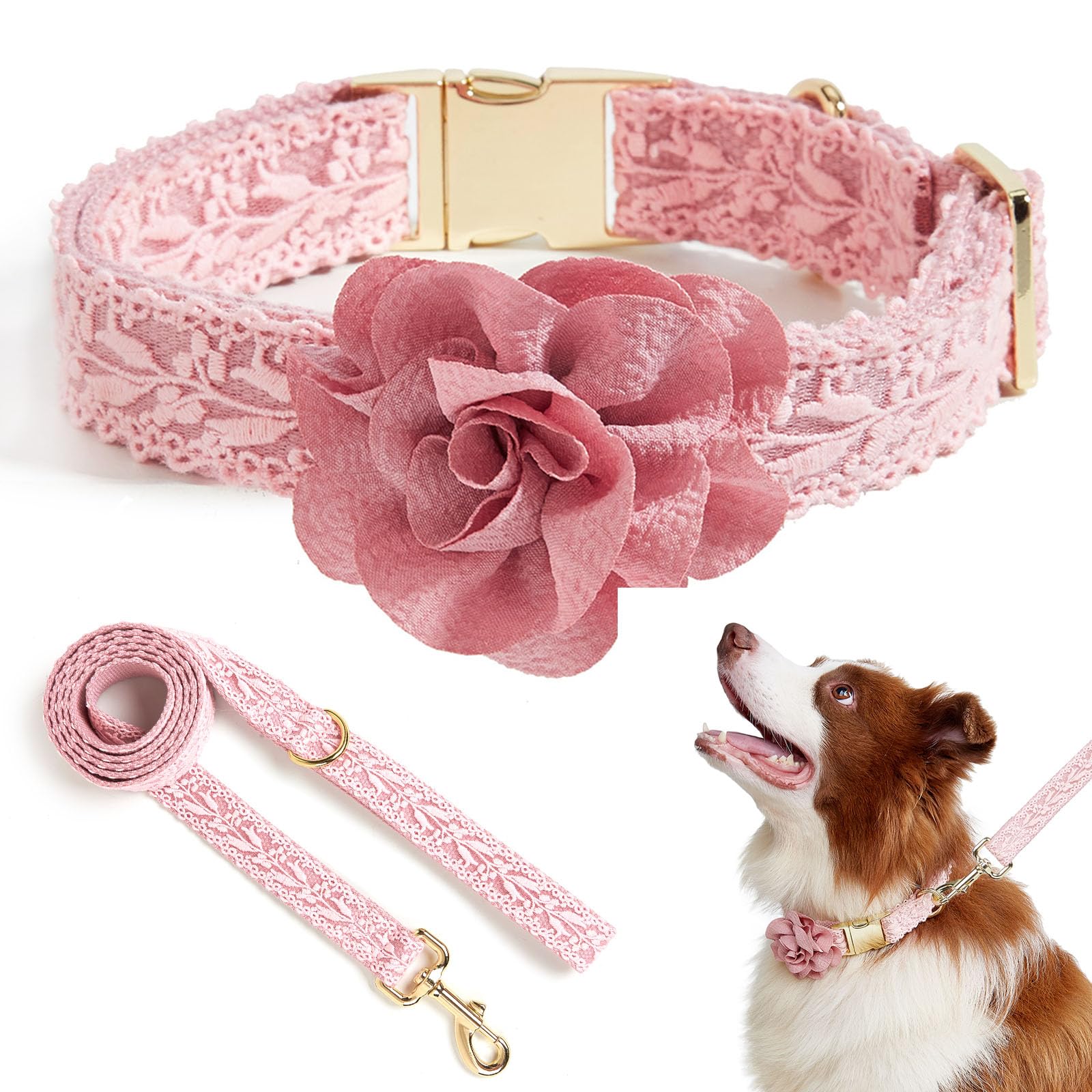 HQREA Pink Dog Collar and Leash for Medium Dogs Girls Adjustable Rose Gold Metal Buckle & Durable Padded Handle for Pet Wedding Party,M — image 1