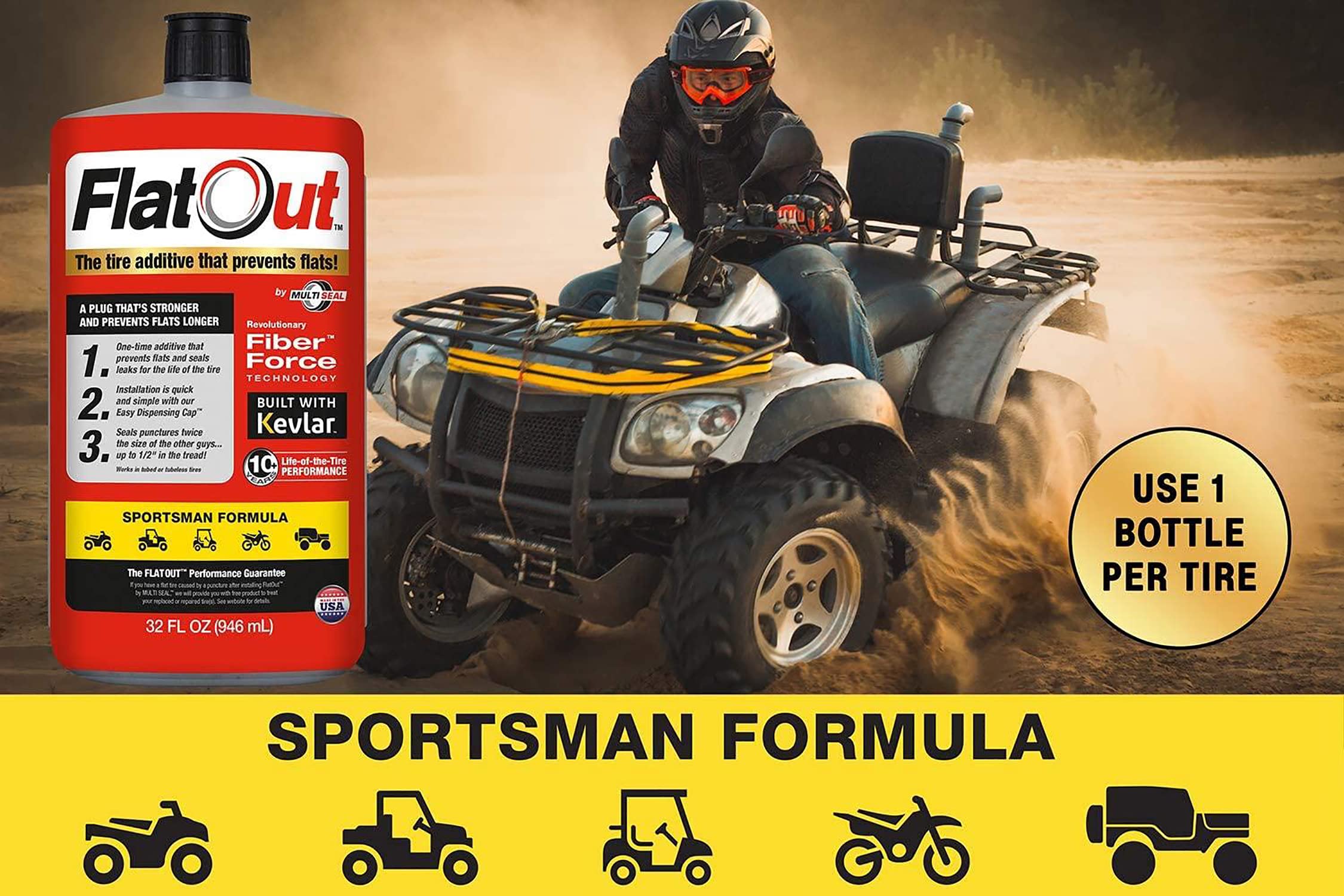 FlatOut Tire Sealant Sportsman Formula Prevent Flat Tires, Seal Leaks, Contains Kevlar, 32