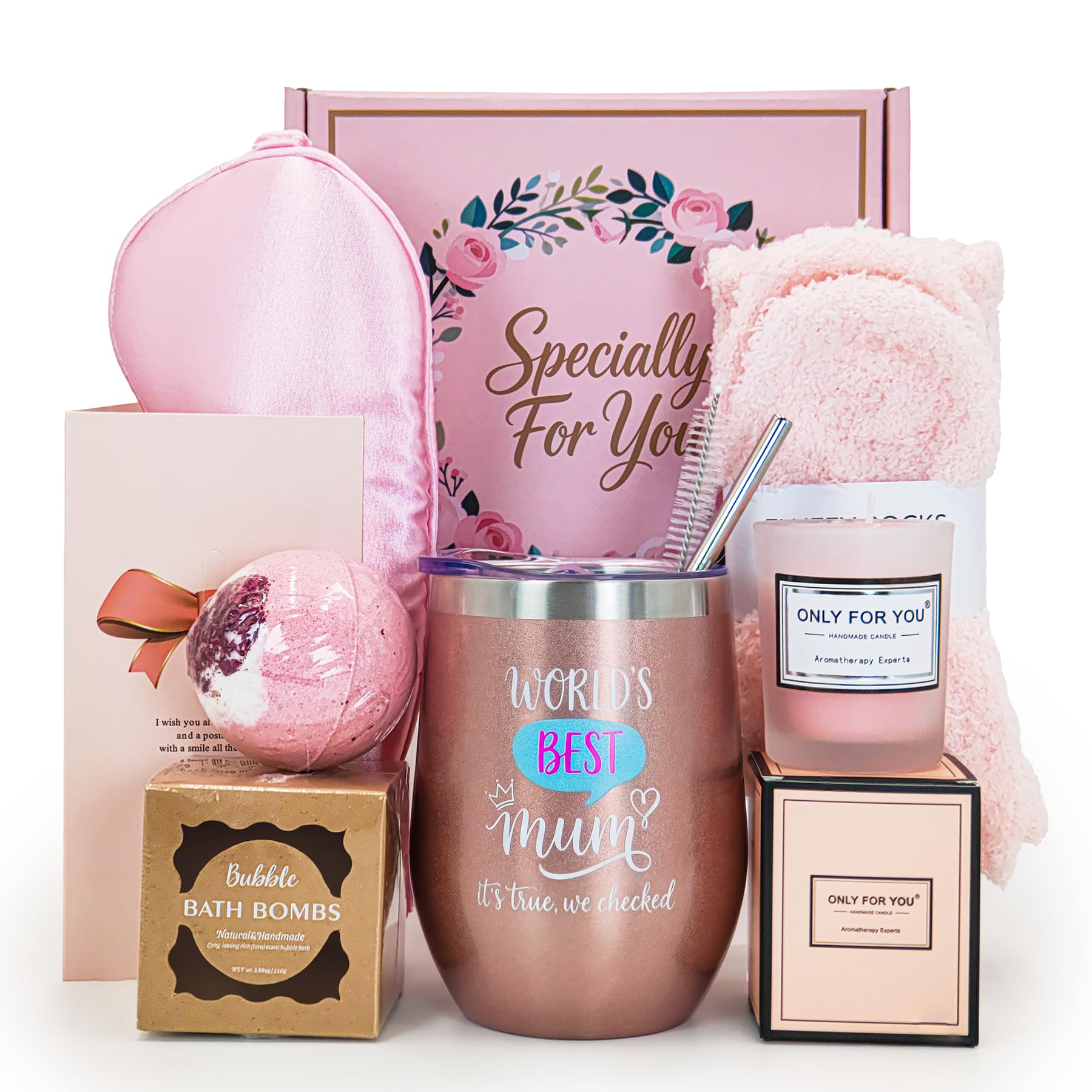 Coolparty Mothers Day Gifts for Mum, World's Best Mum Insulated Mug Wine Tumbler Gifts, Birthday Present Pamper Hamper Basket Self Care Spa Bath Set for Mums from Daughter Son