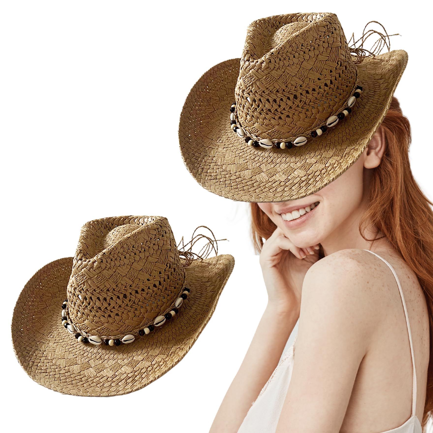 Sombrero de paja para hombre, sombrero de vaquero occidental de verano con ala ancha, protección solar, transpirable, caqui, talla única, 58 cm