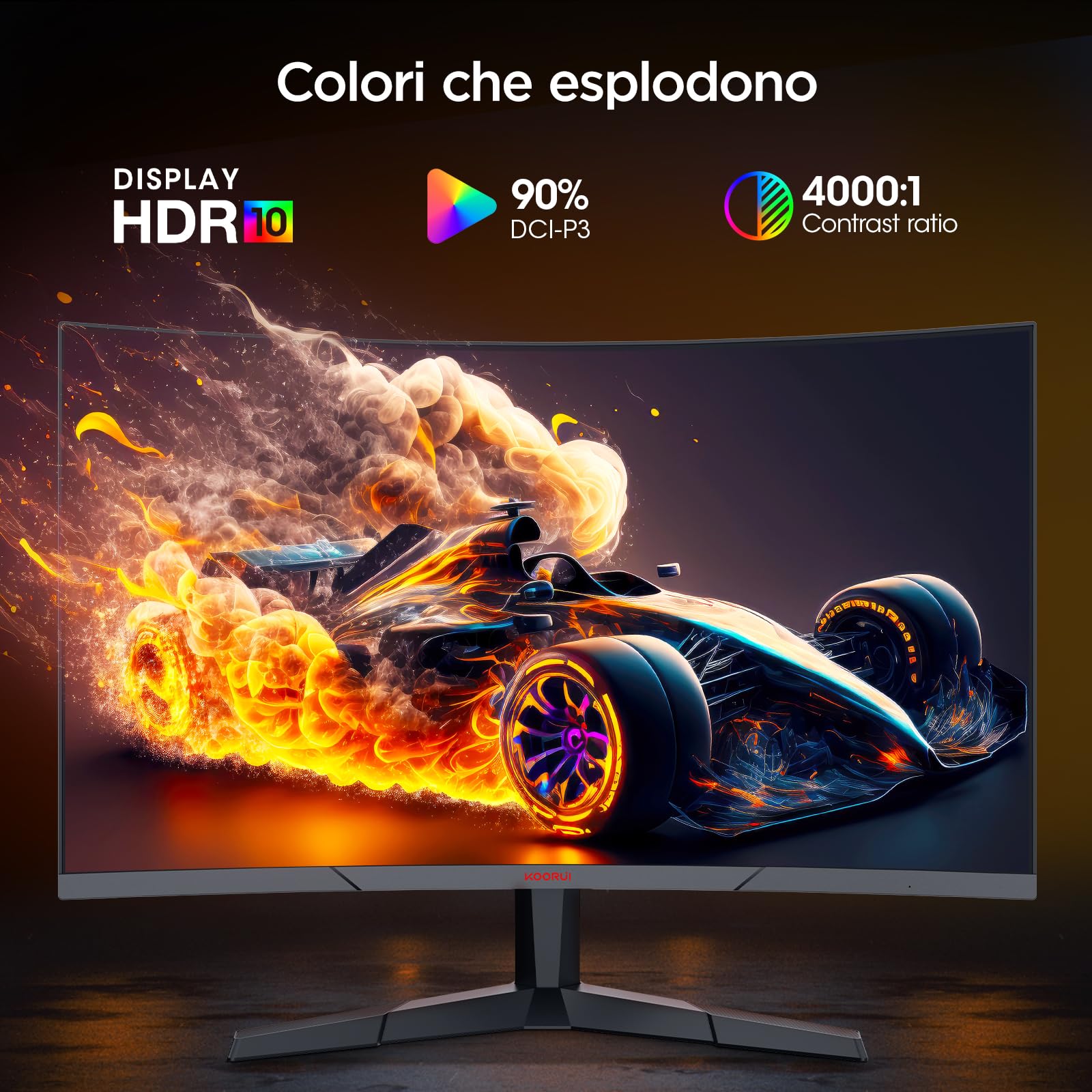 KOORUI 27 Pollici Gaming Monitor Curvo 180Hz QHD 1ms Adaptive Sync HDMI/DP | Inclinazione Regolabile, QHD 2560x1440, 1500R, DCI-P3 90%, HDR 10, VESA 100*100mm, per lavoro d'ufficio o per giocare