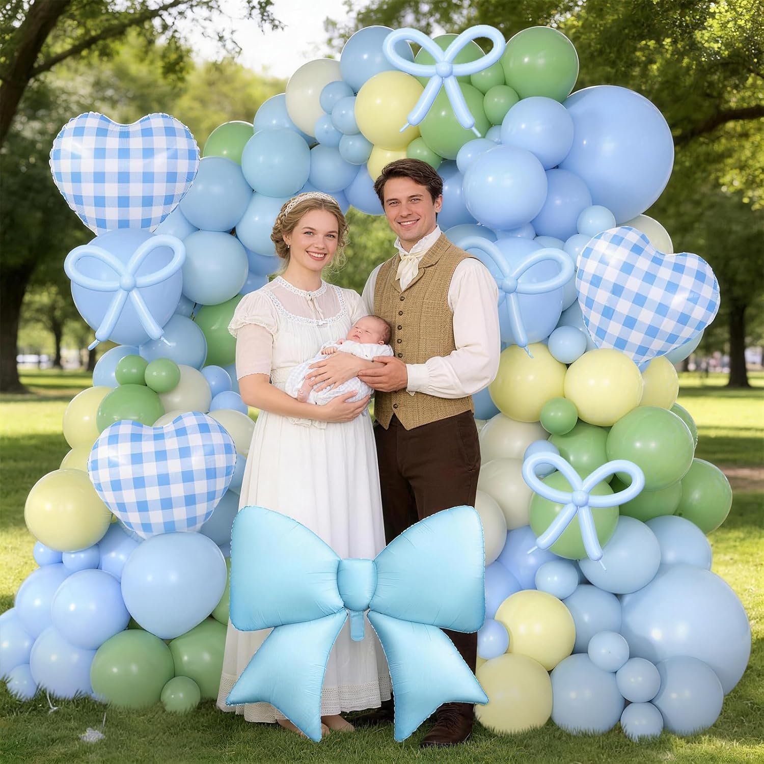 Blue Silly Goose Balloon Arch Kit, Blue Green Latex Balloon Garland Kit Grid Heart and Bow Foil Balloons for 1st Boys Goose Birthday Baby Shower Gender Reveal Easter Party Decorations