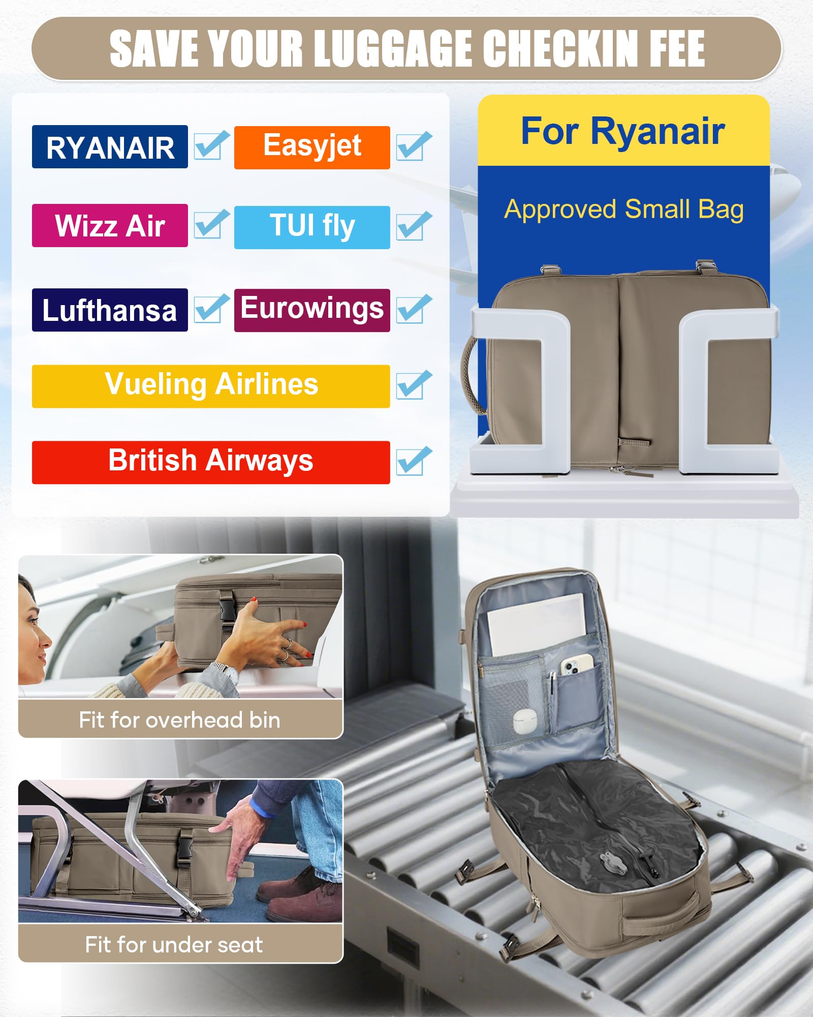 BJLFS Zaino da Viaggio con Sottovuoto Ryanair 40x30x20 Wizzair Bagaglio a mano 40x20x25 Ryanair con Pompa Borse da Cabina per Easyjet 45x36x20 con compressione sottovuoto,Zaino Casual per Laptop