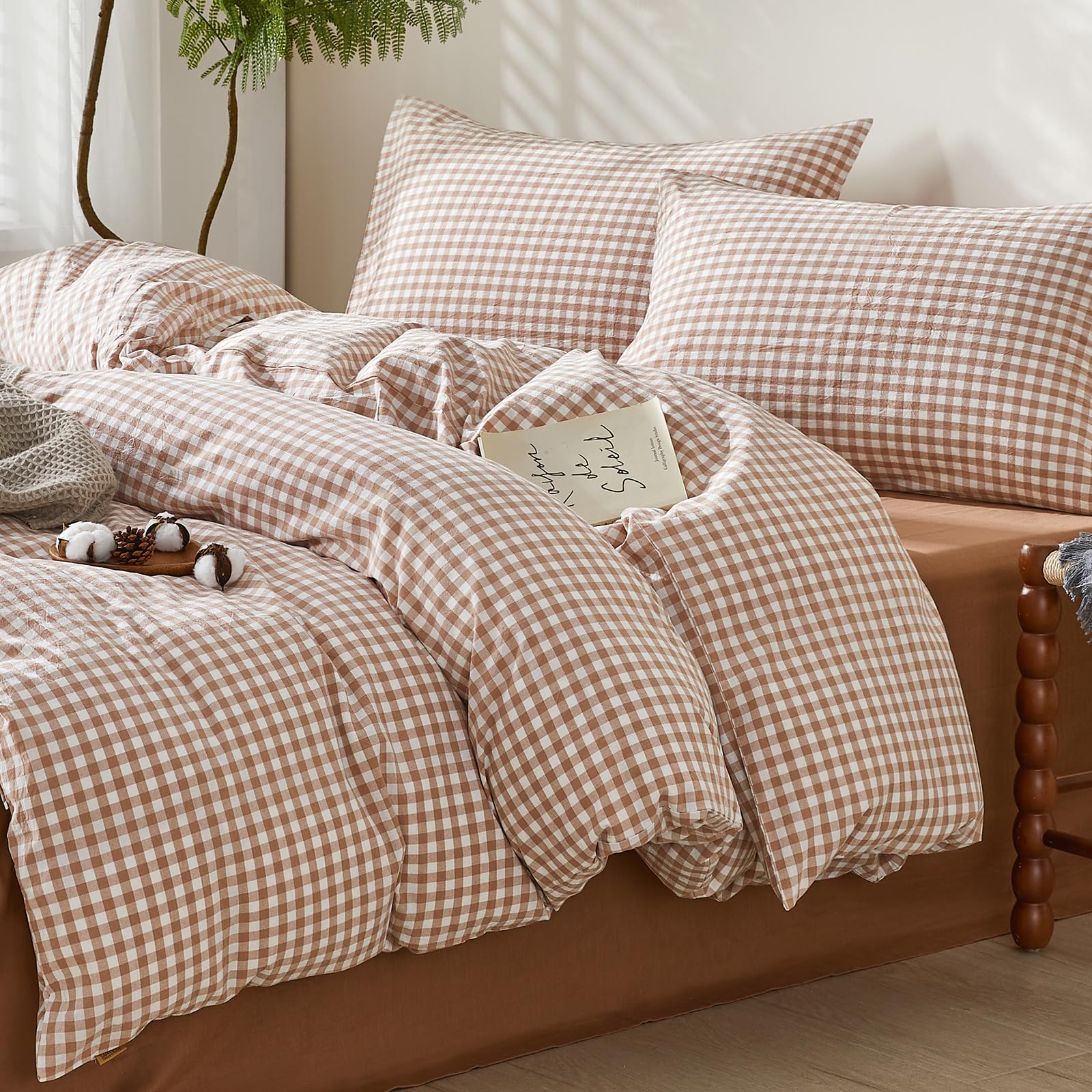 SAPHREAS Taupe Gingham Duvet Cover Set 100% Washed Cotton King Size 3Pcs Check Modern Grid Bedding Soft Plaid 1 Yarn-dyed Duvet Quilt Cover with Zipper 2 Pillowcases, Duvet Insert Not Included — image 1