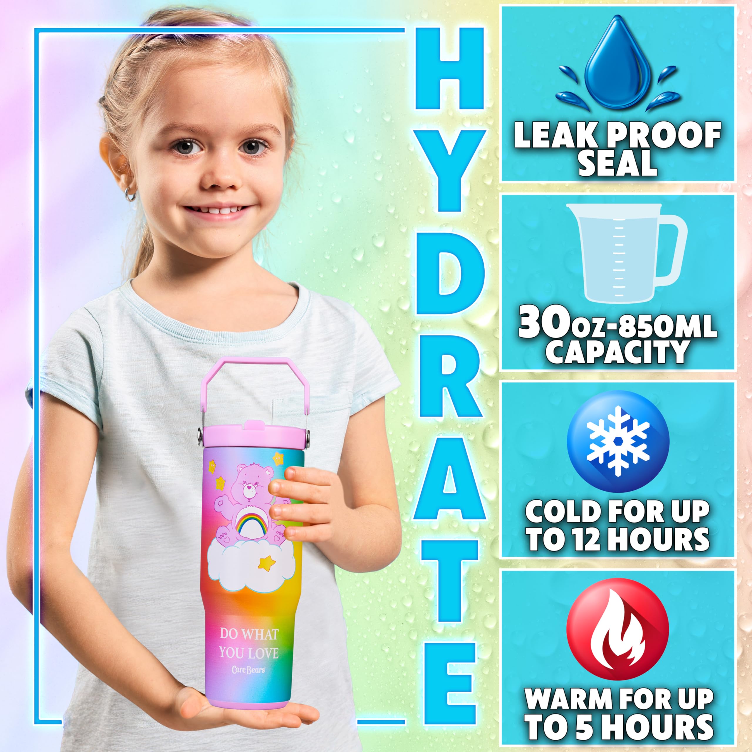 Get Trend Care Bears Insulated Tumbler Flip Up Straw & Handle, Metal Travel Water Bottle 850ml/30oz - Image 2