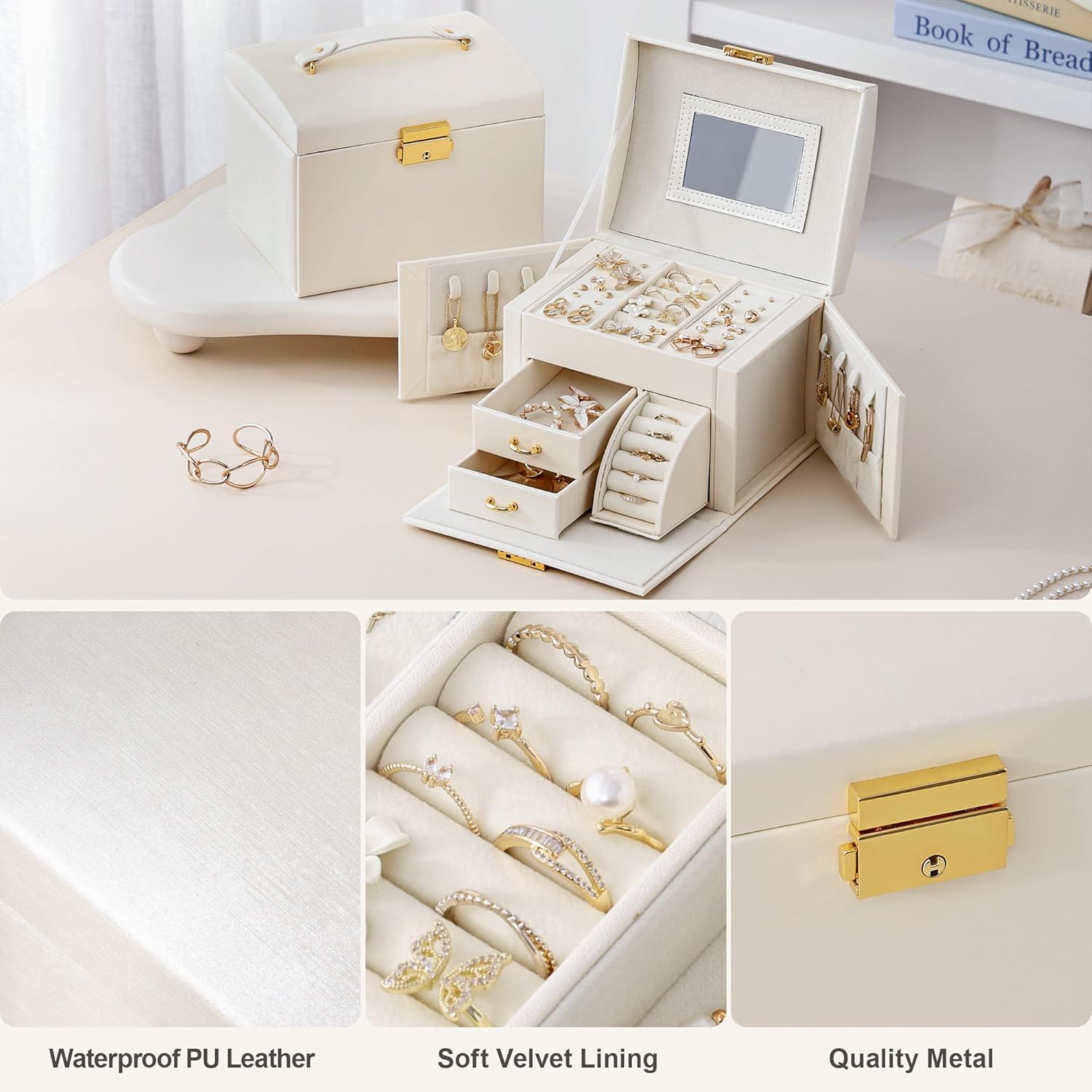 CASEGRACE Jewelry Box Organizer for Women Girls, Three Layer Jewelry Storage Box with Mirror PU Leather Jewelry Display Case for for Bracelets, Earrings, Rings, Necklaces,White