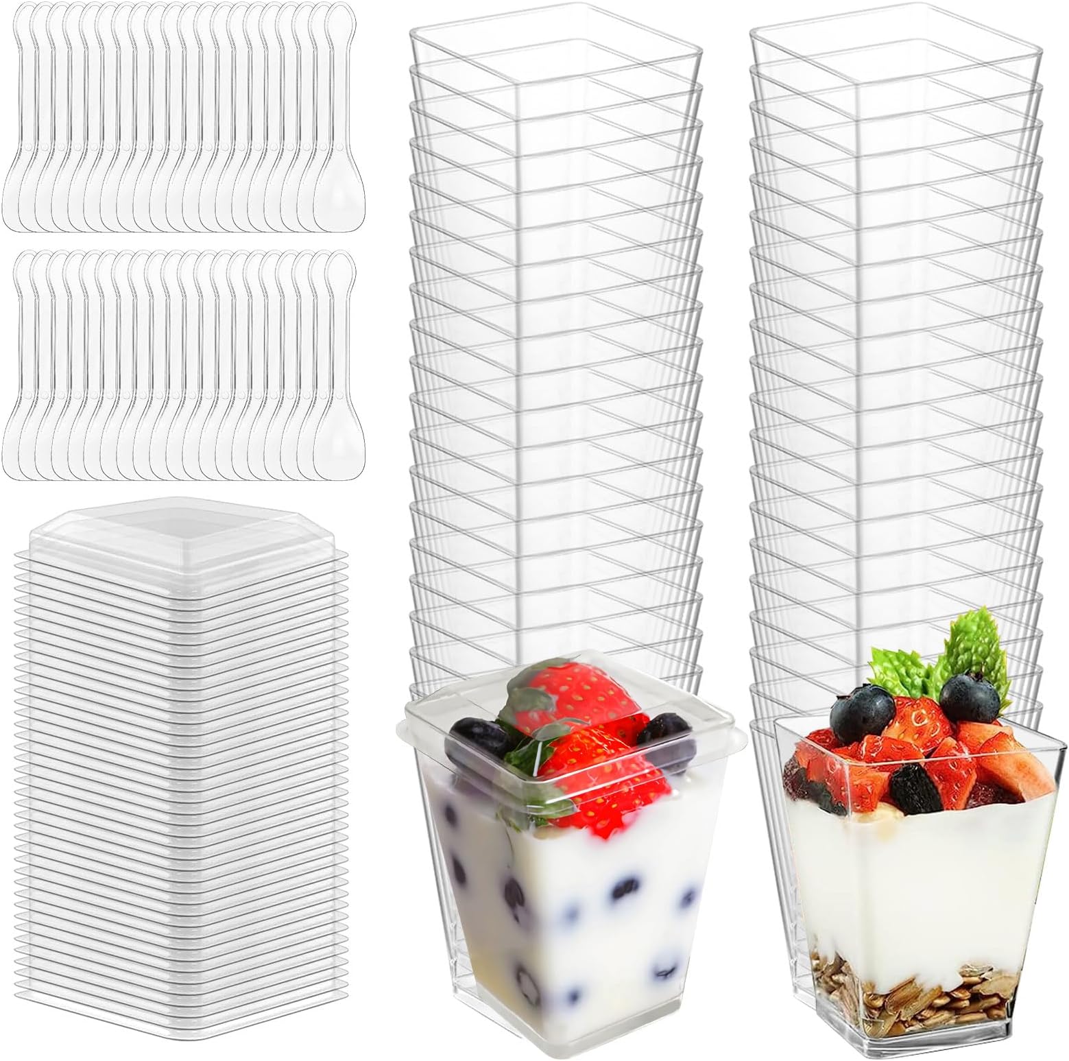 FINEASY 100Pcs Mini Dessert Cups 60ml/2oz with Spoons, Plastic Dessert