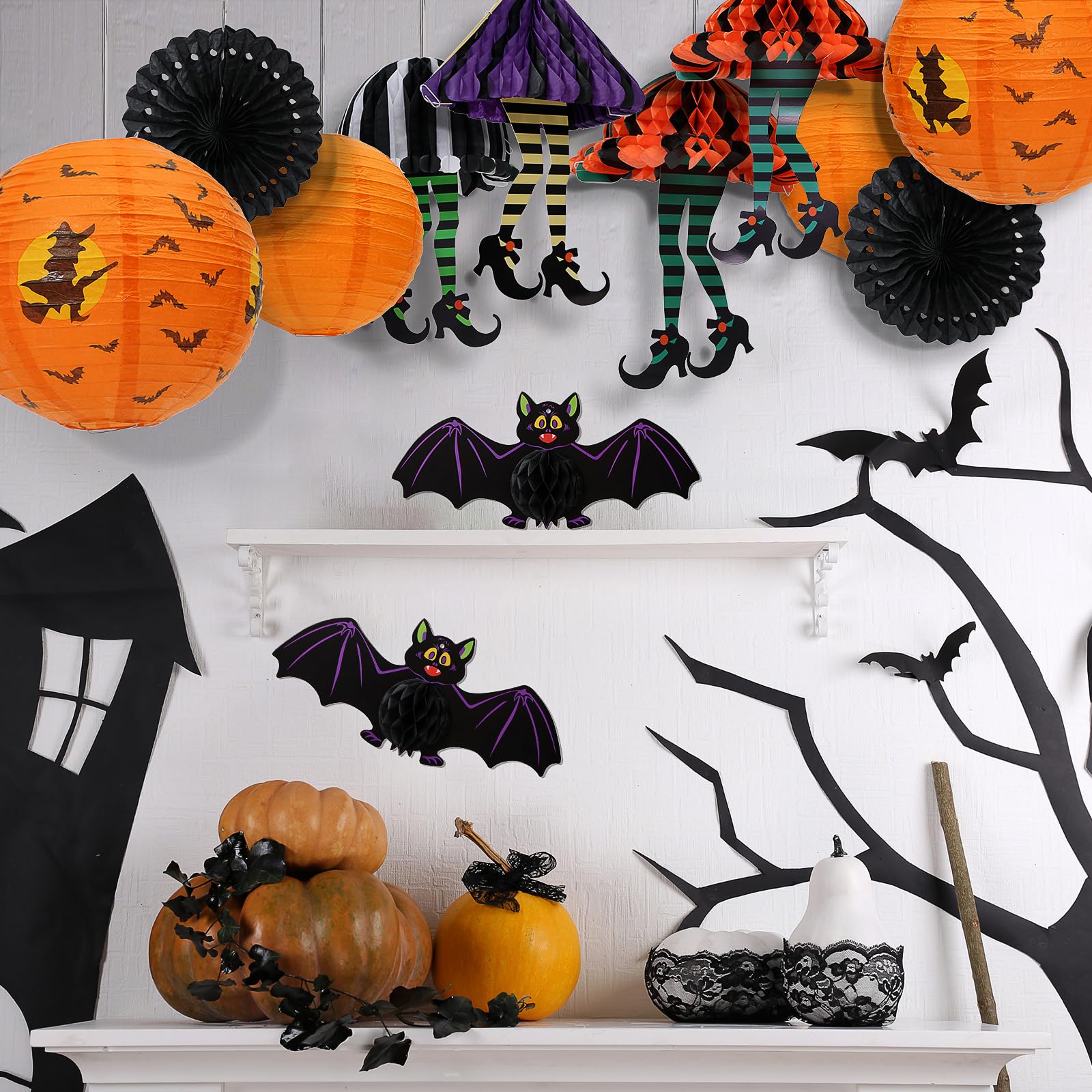 UNIQOOO 12Pcs Halloween Hanging Decorations Paper Lanterns, Orange Black Purple Witch Bat Fan for Indoor Outdoor Spooky Home Decor, Party Supplies Props, Assorted 8