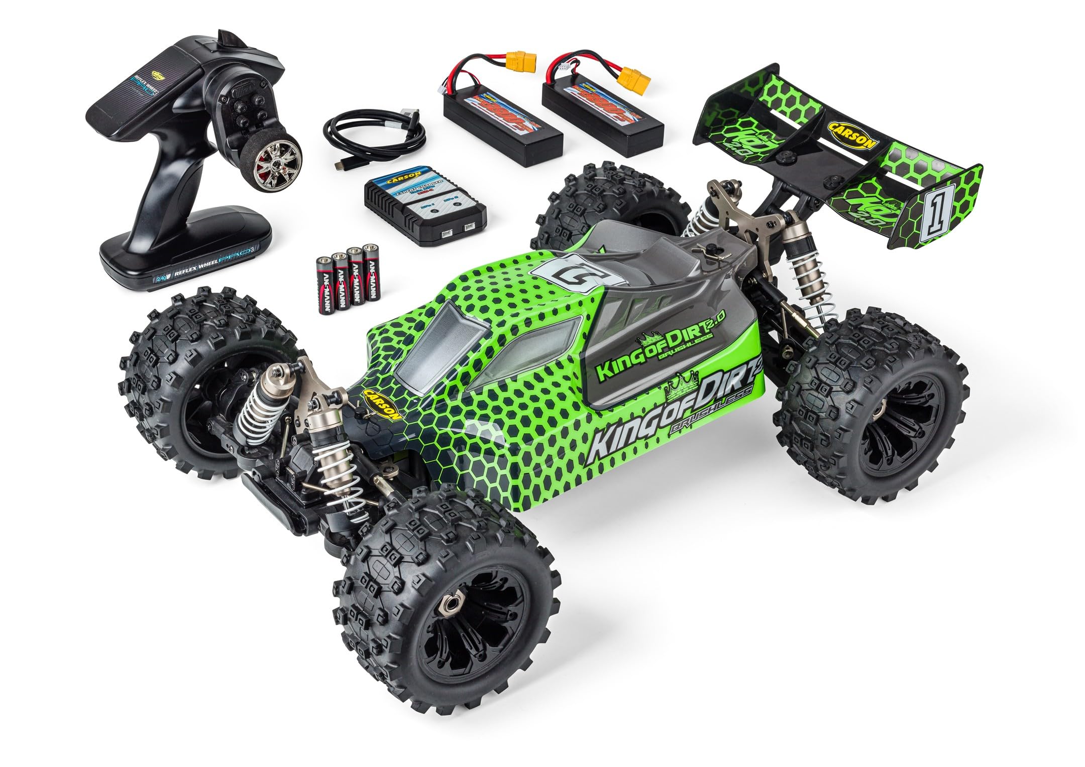 Carson 500409095 1:8 King of Dirt 2.0 100% RTR grün - RC Buggy, ferngesteuertes Auto, Offroad, hochwertig, RC Fahrzeug, RC Auto 75 km/h, RC Modellbau, Brushless Motor, RC 4WD Buggy