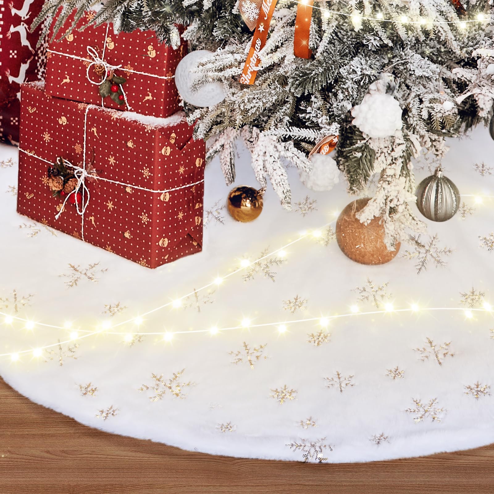 FINPAC Christmas Tree Skirt, Faux Fur Furry Xmas Tree Skirt Luxury Romantic Thick Holiday Ornaments Decoration for Christmas Holiday Party Decor Indoor Outdoor, Golden