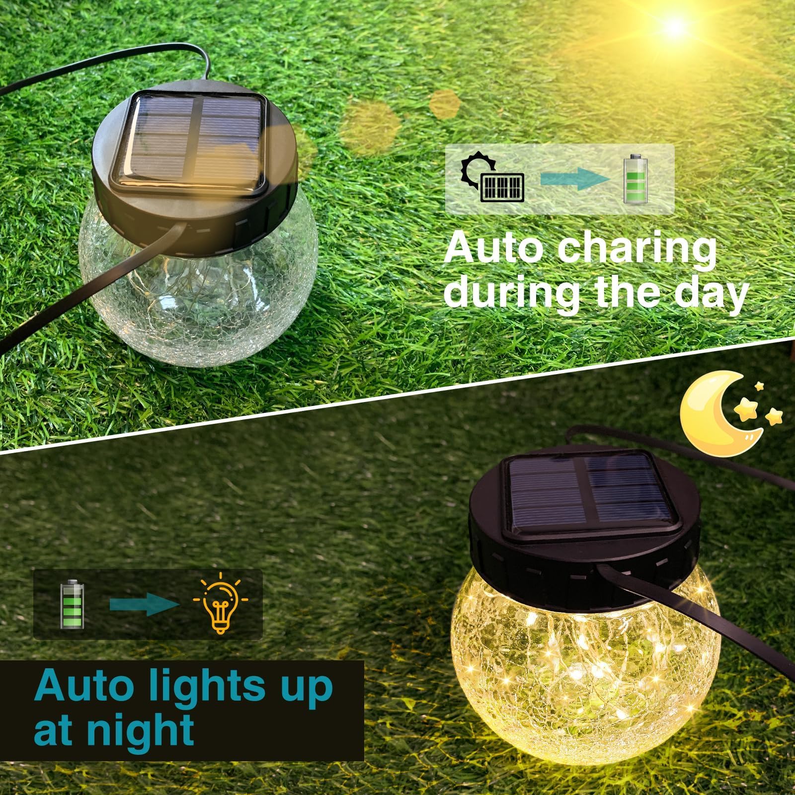kolpop Paquete de 4 faroles solares para exteriores, linternas solares cálidas, bolas de vidrio agrietado, impermeables, decoración solar de jardín, luces de patio