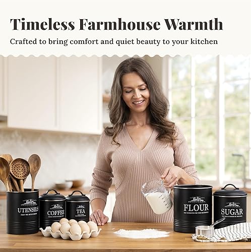 Miniatura 7 de Botes de cocina para encimera, juego de 5 recipientes negros, juegos de recipientes herméticos para encimera de cocina, contenedores de azúcar y