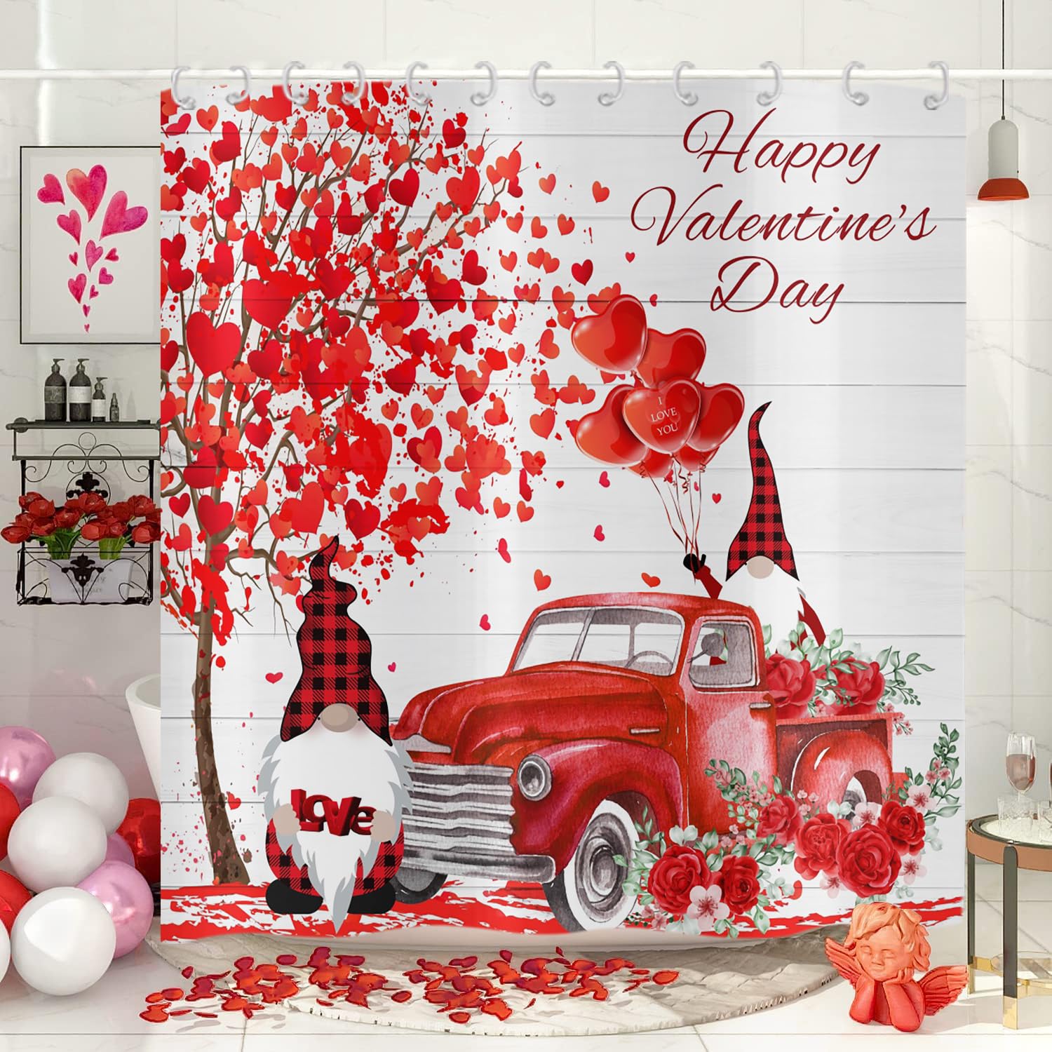 Hnmdmyi Valentine's Day Shower Curtain 180x240, Romantic Gnome Couple Red Love Hearts Tree Truck Rose Flower on Rustic Wooden Board Farmhouse Waterproof Polyester Fabric Bathroom Shower Curtains