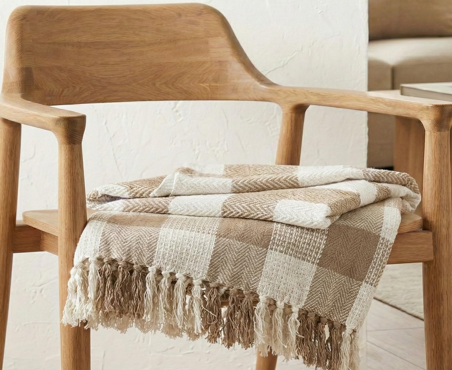 Furnistitchs Boho Cotton Sofa Throw - Chevron Zigzag Patterned Hand-Woven Throw Blanket with Tassels for Living Room, Bedroom, Car & Travel (Golden Beige, 50x60 inches)