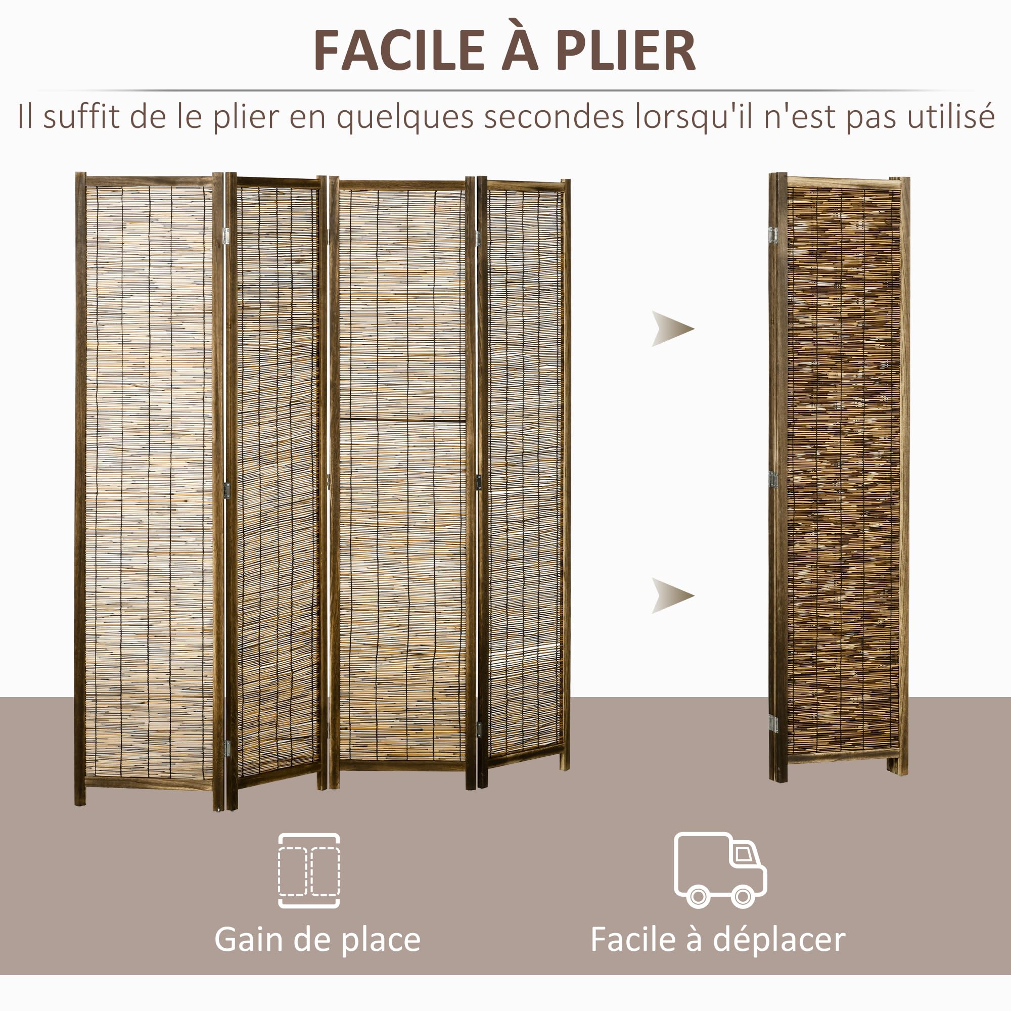 HOMCOM Paravent en Bois 4 Panneaux Pliable 160 x 170 cm Naturel | Séparateur de Pièce, Closion de Séparation