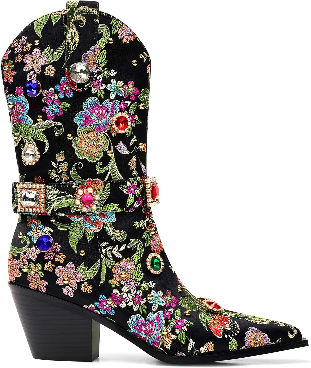 LOCERICH Women Rhinestone Cowboy Sparkly Cowgirl Boots Diamond Western Floral Embroidery Mid Calf Booties - Image 4