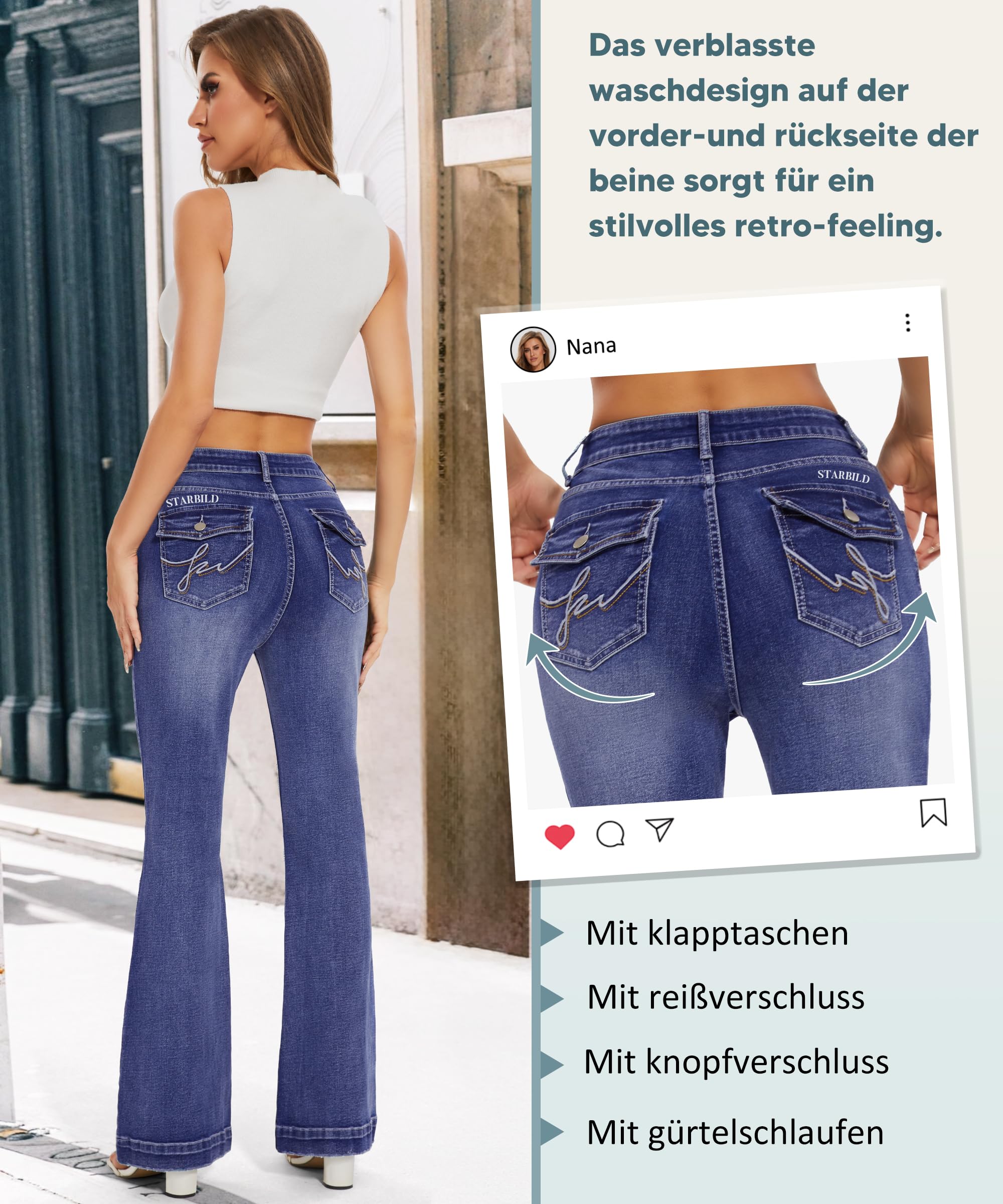 STARBILD Schlagjeans Damen High Waist – Flared Leg Bootcut Jeans mit Push-Up Effekt & Pattentaschen, Bequeme Stretch-Jeanshose für Freizeit & Ausgehen