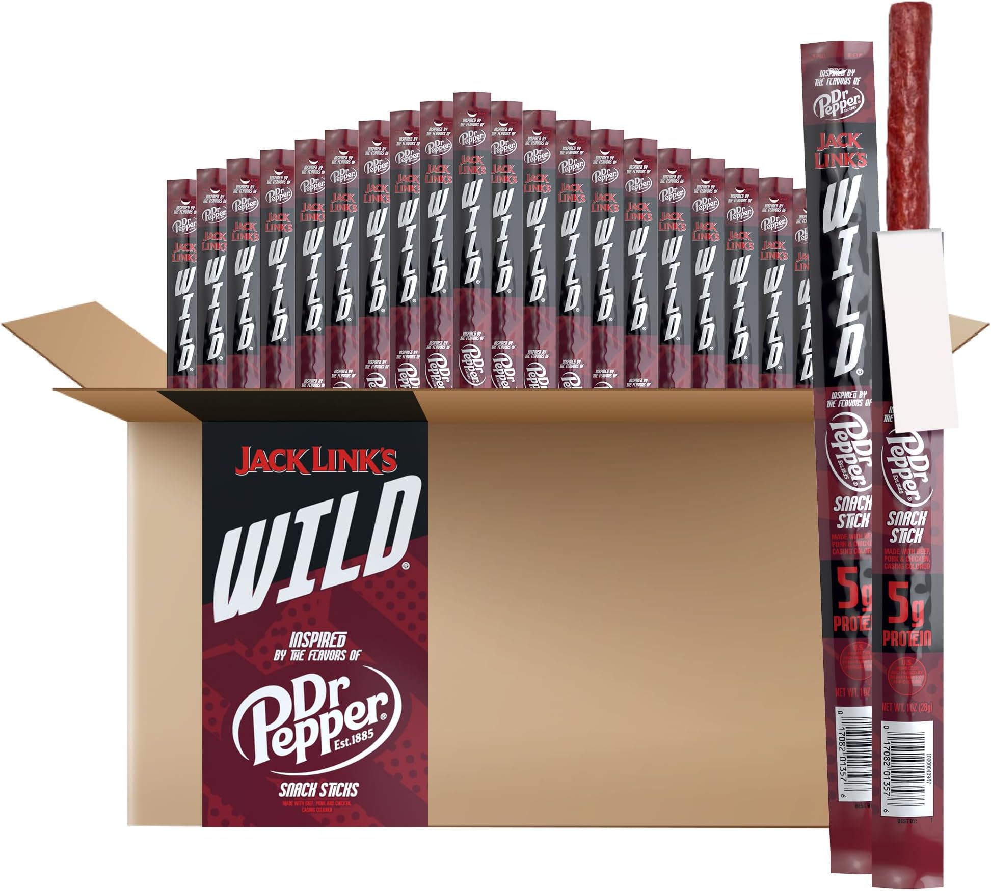 Jack Link's WILD Snack Sticks, Dr Pepper Inspired Flavors - Protein Snack Sticks with 5g of Protein per Serving, Keto Friendly, Individually Wrapped - 1.0 oz (Pack of 20)