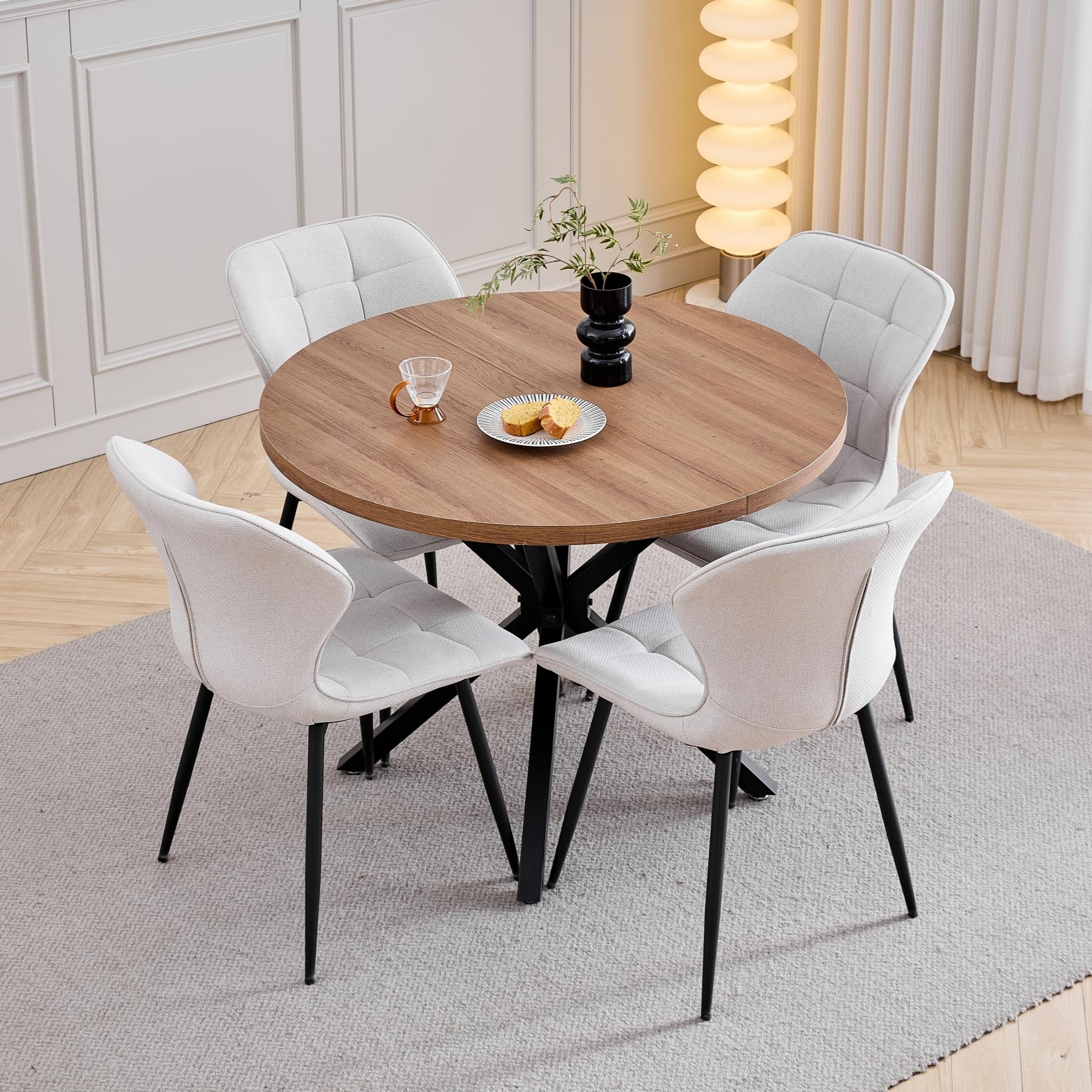 GrandCA HOME Mesa de Comedor Redonda con Tapa Moderna con Rfecto MDF, Mesa de Comedor de Cocina con Cuatro Patas de Metal, para Comedor, Sala de Estar, Marrón Oscuro