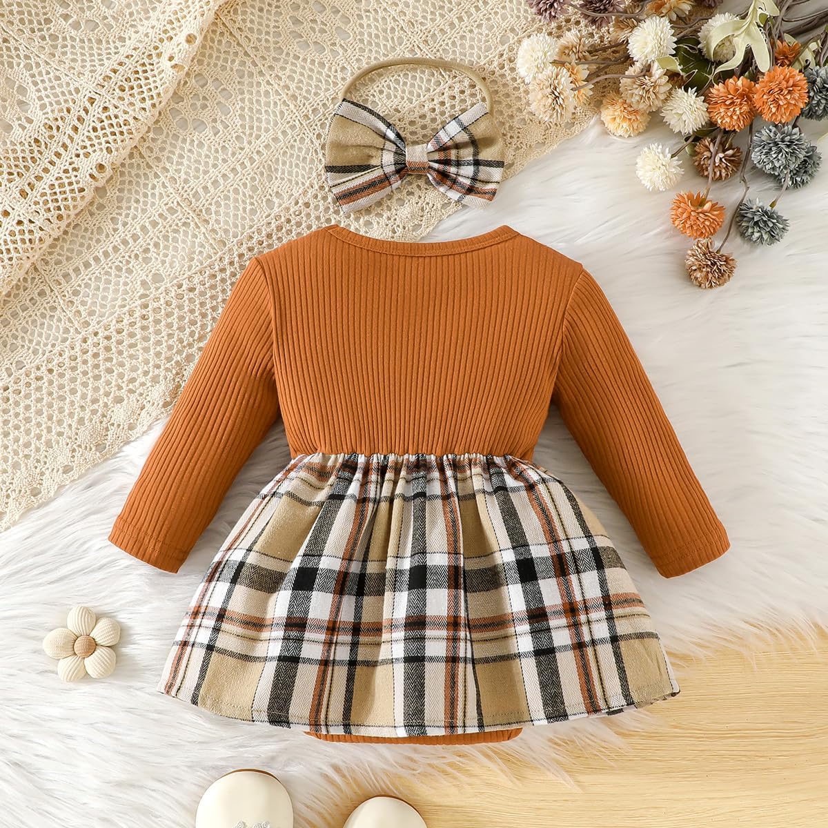 Magic Park 0-24M Baby Toddler Girls Ruffle Long Sleeve Bodysuit Ribbed Plaid Romper Dress Fall Winter Outfit with Headband - Image 4