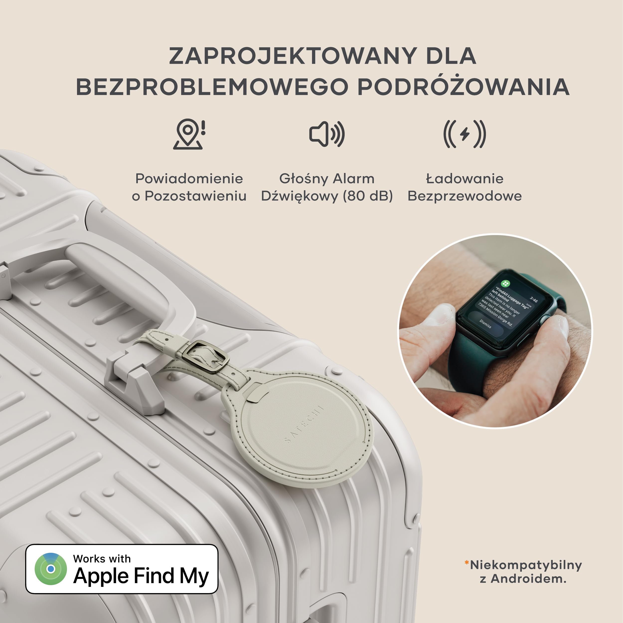 SATECHI FindAll Lokalizator Bagażu Z Funkcją Apple Find My, Ładowaniem Bezprzewodowym, Alertami Dźwiękowymi I GPS-Em Do Bagażu I Plecaka, Do iPhone 17 16 15, iPad, Mac I Innych Urządzeń – Beżowy