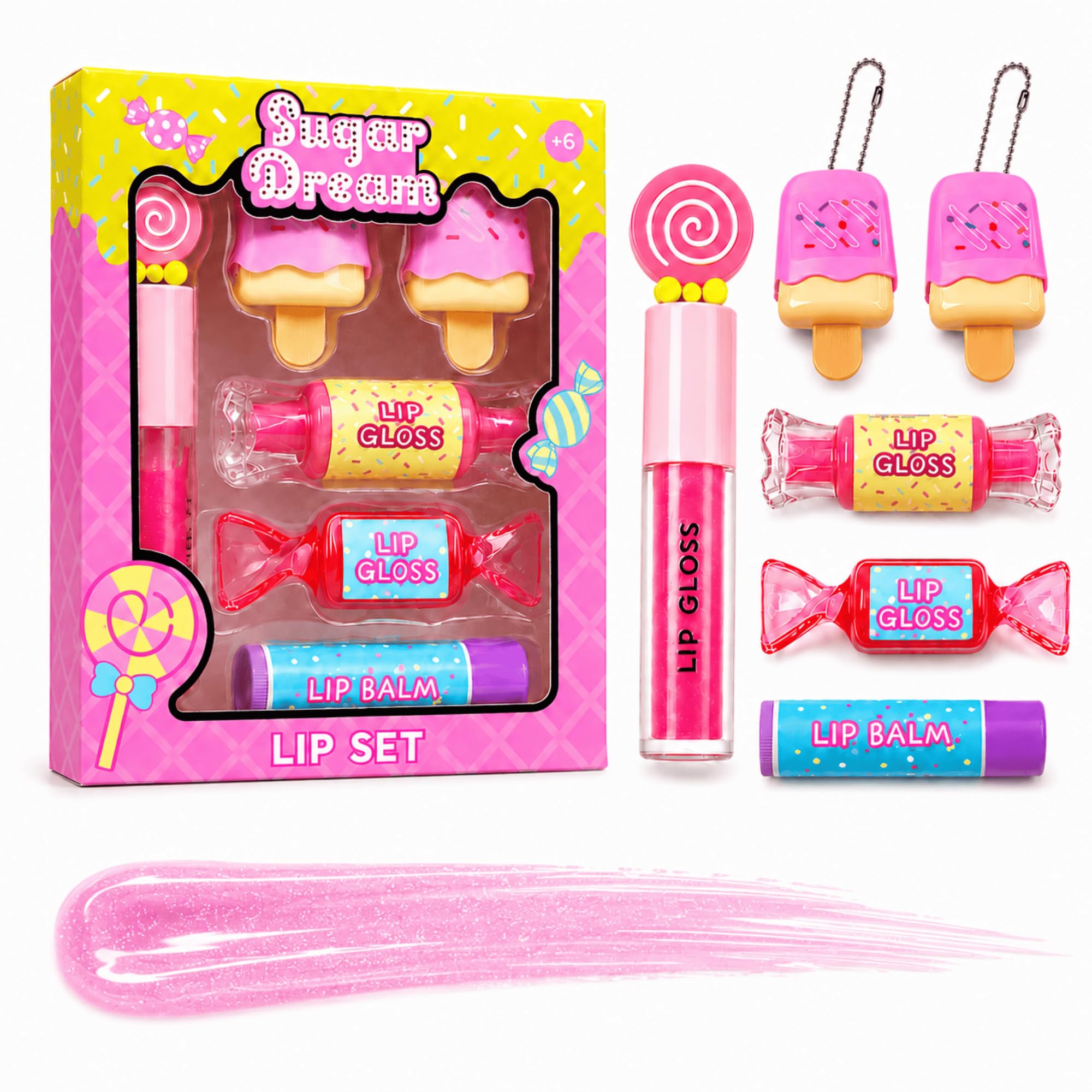 M&U MAKE YOU UP MU Candy Sweet Lip Gloss Set for Kids Girls Teens, Non-Toxic, Fruity & Sweet Flavors, Girls Birthday Gift, Fun Theme Party Favors, 5 Lip Gloss + 1 Lip Balm, Lip Care