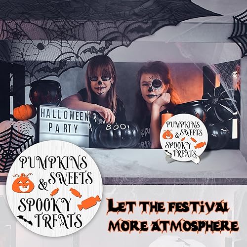 Miniatura 4 de Placa redonda de madera de Halloween de 6 pulgadas con soporte de madera, decoración de escritorio, golosinas espeluznantes, calabazas dulces,