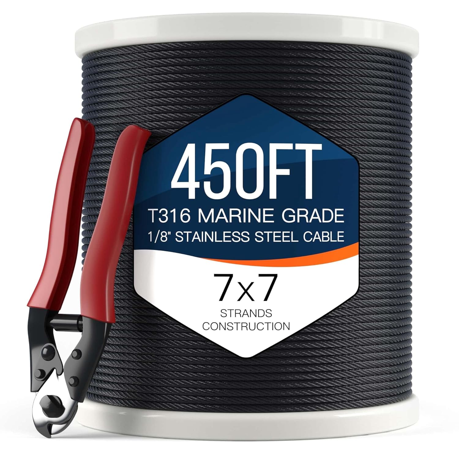 1/8" T316 Stainless Steel Cable, Electroplated Black Aircraft Cable for Deck Railing, 7x7 Strand Core, 450FT, Come with Cutter 450 Feet Black 1