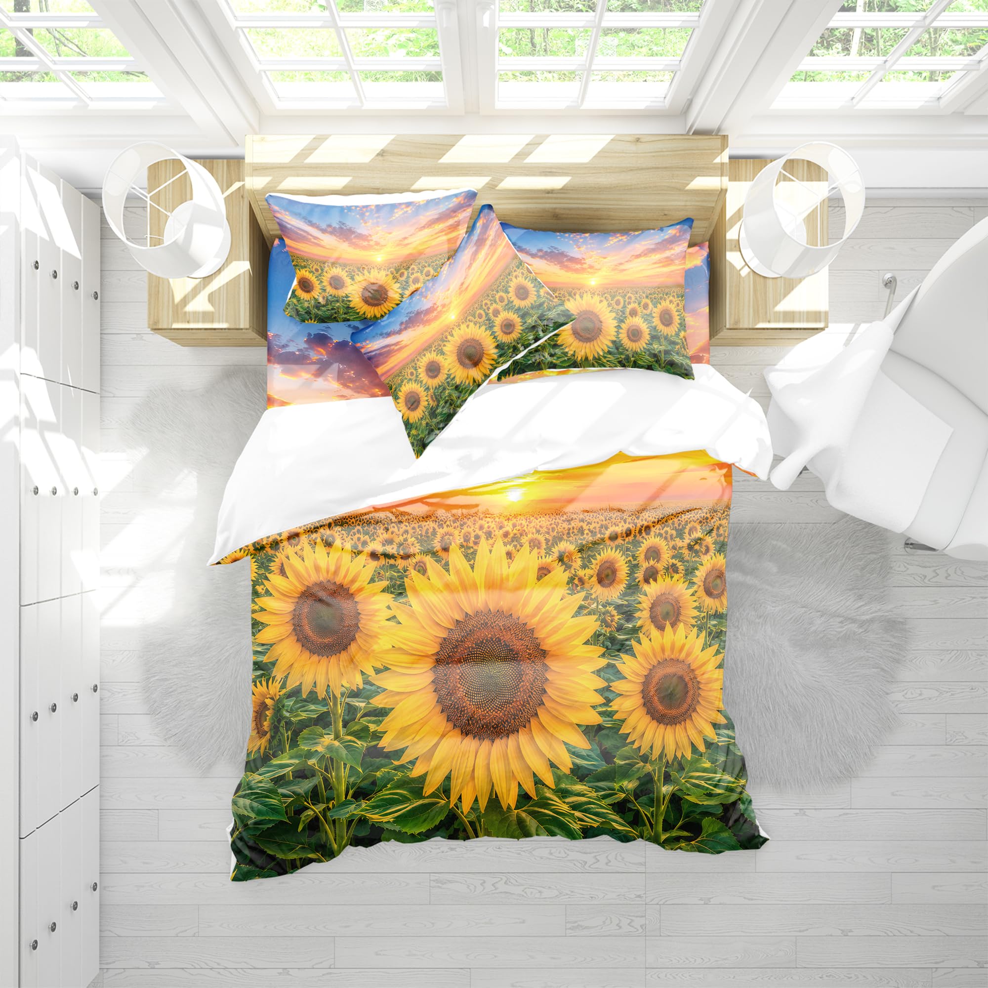REALIN Set Biancheria Letto Girasole Copripiumino Oro Verso Il Sole 2/3/4PCS Copripiumini/Lenzuola/Federe,Singolo,Matrimoniale,King