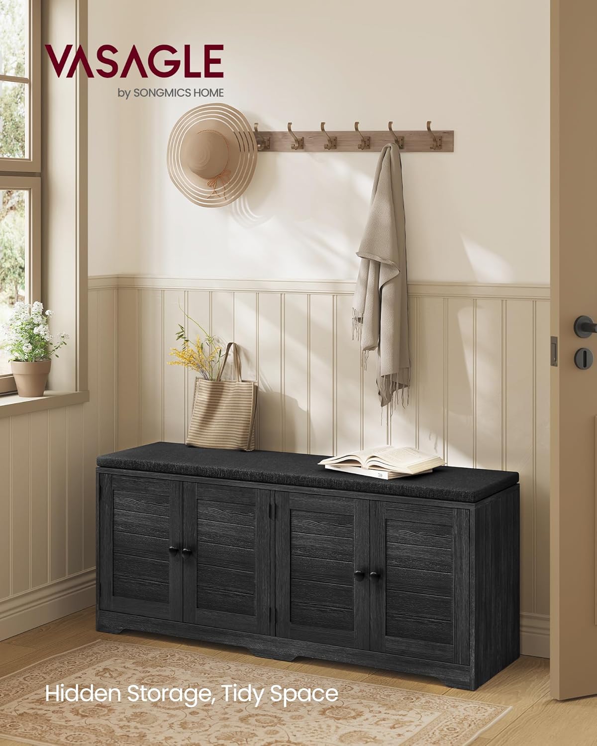 VASAGLE Shoe Storage Bench with Cushion, 3-Tier Entryway Bench with Padded Seat, Doors, Adjustable Shelves, 14 x 47.6 x 20.7 Inches, for Hallway, Bedroom, Charcoal Gray and Ink Black ULSB048BA01