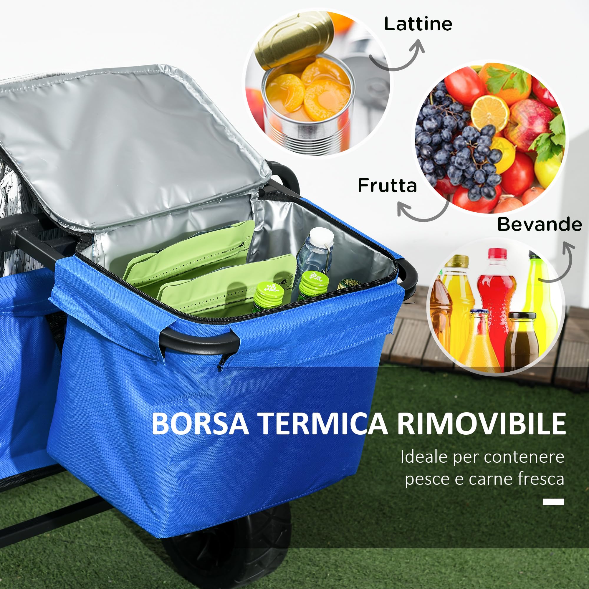 Outsunny Carello Spiaggia Pieghevole 110L con Maniglia Telescopica e Borsa Termica da 15L, Carrello da Giardino in Acciaio e Tessuto Oxford, Blu