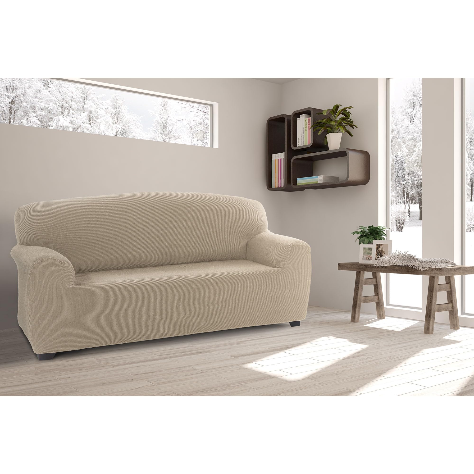 FAVERTI® Copridivano 4 posti elasticizzato universale da 220 a 260 cm | modello reale | beige | copridivano | protezione di qualità in tessuto jacquard tatto cotone
