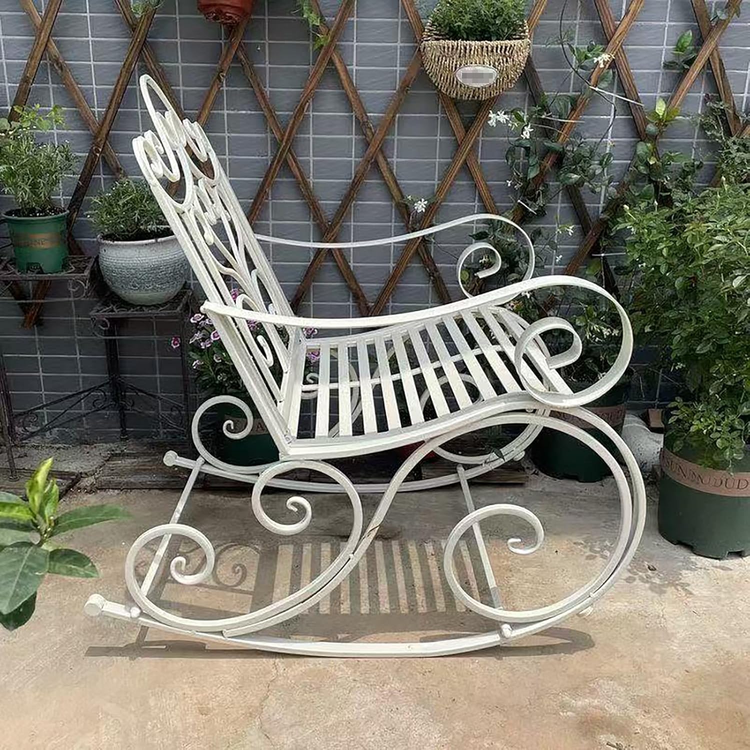 Outdoor Rocking Chair, Wrought Iron Metal Patio Rocking Chair with Armrests and Backrest, Suitable for Indoor, Backyard or Garden, 35.5x25x20.1 Inches (White)