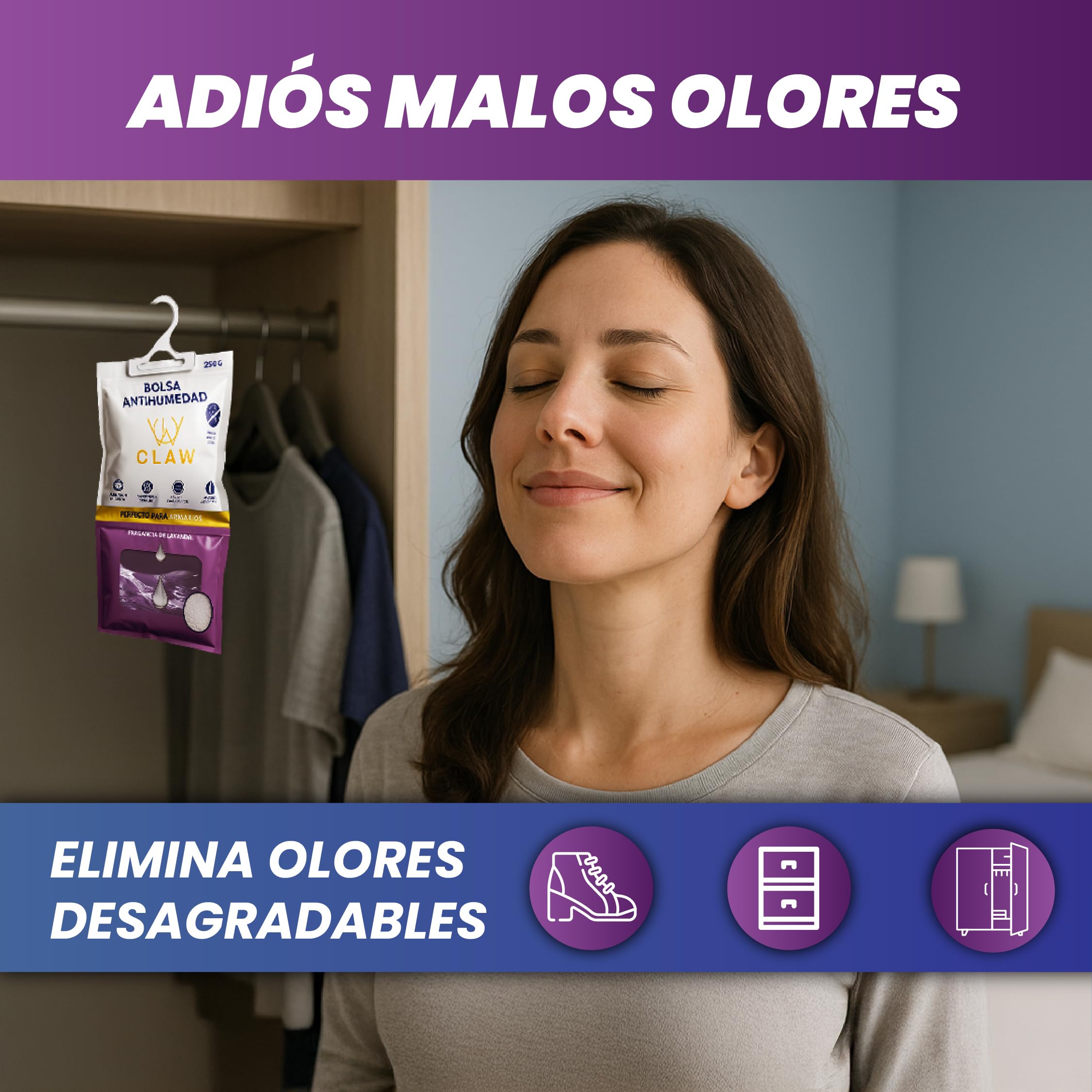 Pack de 12x250g Bolsas Antihumedad 3KG Armario Ropa – Deshumificador Percha Colgante Garaje – Elimina malos Olores con Fragacia de Lavanda- Absorbente Humedad Trastero