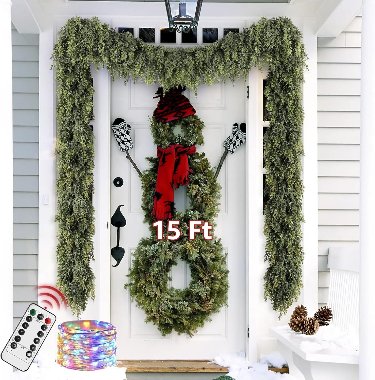 Cedar Christmas Garland with Lights for Mantle - Decorations 15ft Realistic Lighted Faux Pine Garlands for Xmas Home Decoration Indoor Stairs Railing Fireplace Outdoor 15 ft Prelit Garland Door Decor 15Ft 1
