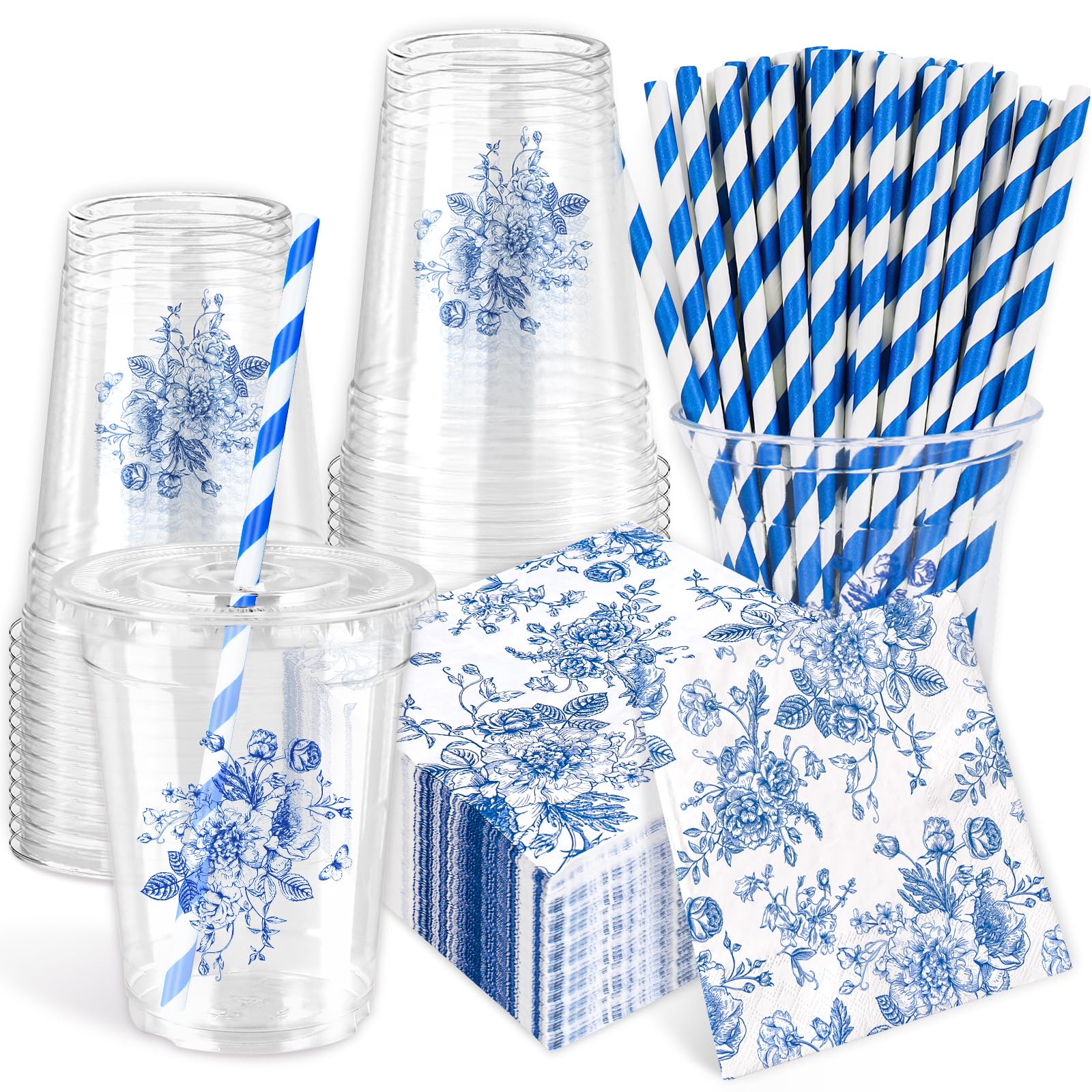 JarThenaAMCS Blue Floral Tableware Set Vintage Chinoiserie Flower Paper Napkins Disposable Plastic Cups with Lids and Straws for 50 Guests Wedding Birthday Party Favor Supplies