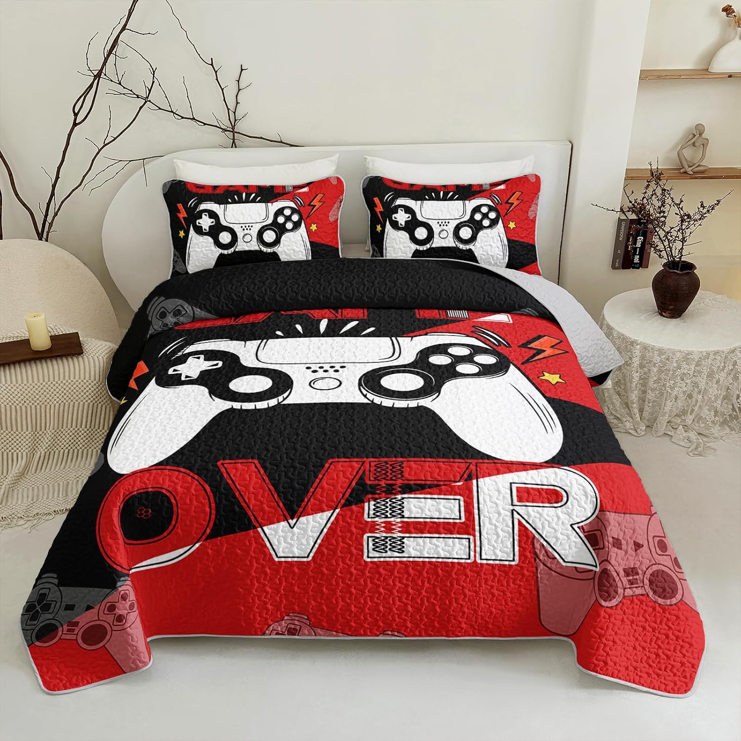 Axolotl Gamer Quilt Set Twin,Gamepad Bedspread Coverlet Set for Boys,Games Console Bed Coverlet for Men Girls,Video Game Controller Bed Cover,3Pcs Gaming Comforter Set with 2 Pillowcases,Black Red