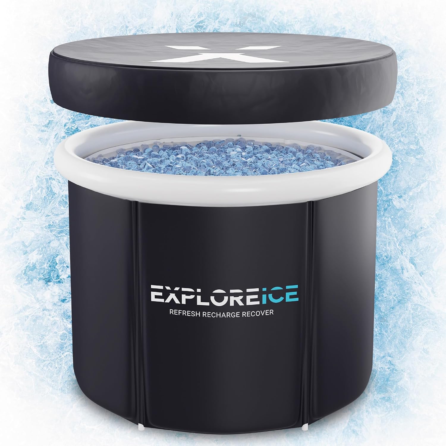 Explore Ice Bath Pro Max Extra Large Outdoor Inflatable Portable Athlete Cold Water Therapy Plunge Barrel Bath Tub with Lid and Carry Bag, Black/White