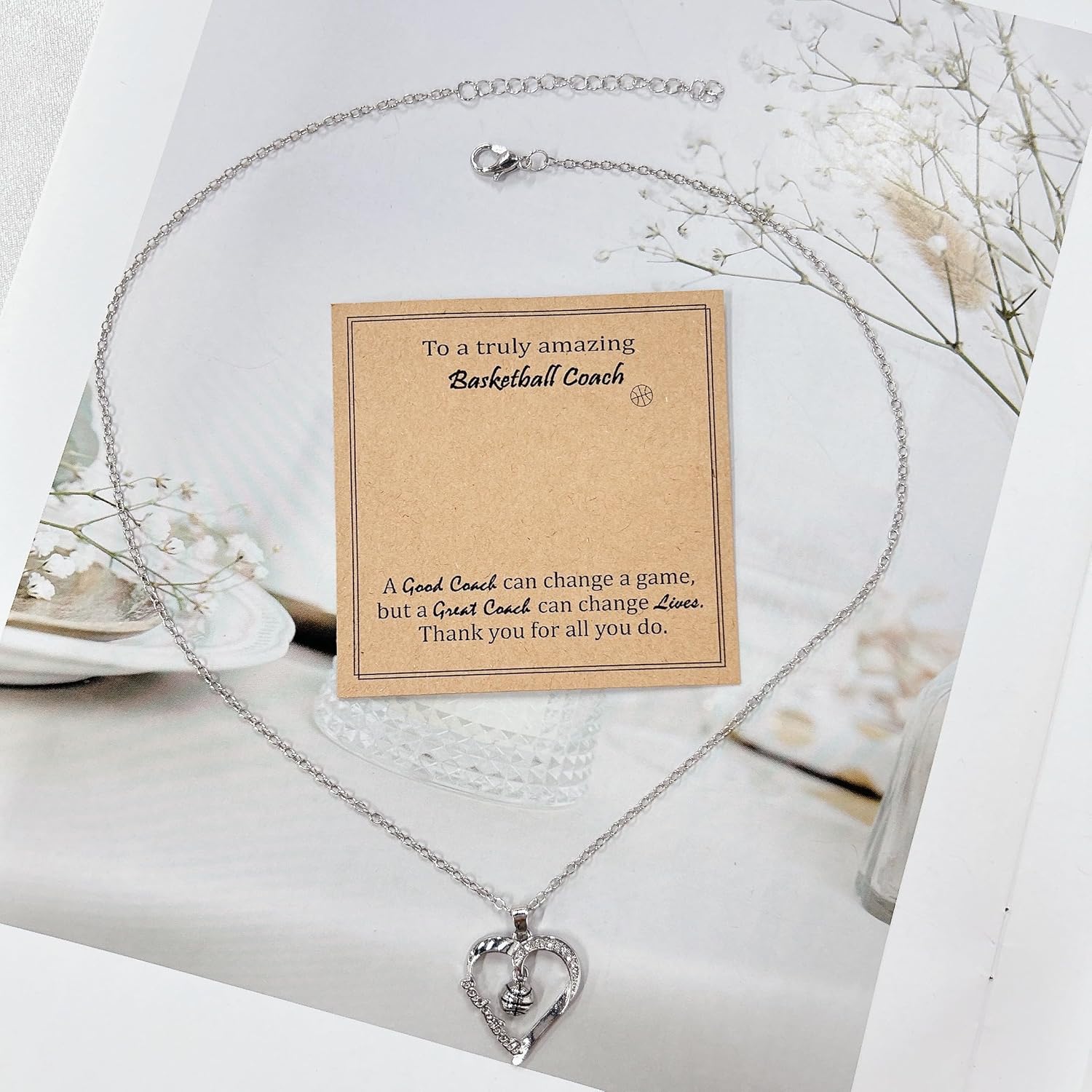 Basketball Heart Pendant Necklace for Women Men Stainless Steel Adjustable Chain Rhinestone Love Sports Ball Charm Party Jewelry Team Players Sport Fans Lovers Gifts with Inspirational Card - Image 3