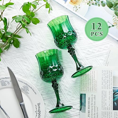 Miniatura 4 de Pinkunn 12 copas de vino de plástico verde de 7 onzas, reutilizables, copas de agua verdes, vasos de plástico vintage, aptos para lavavajillas, para